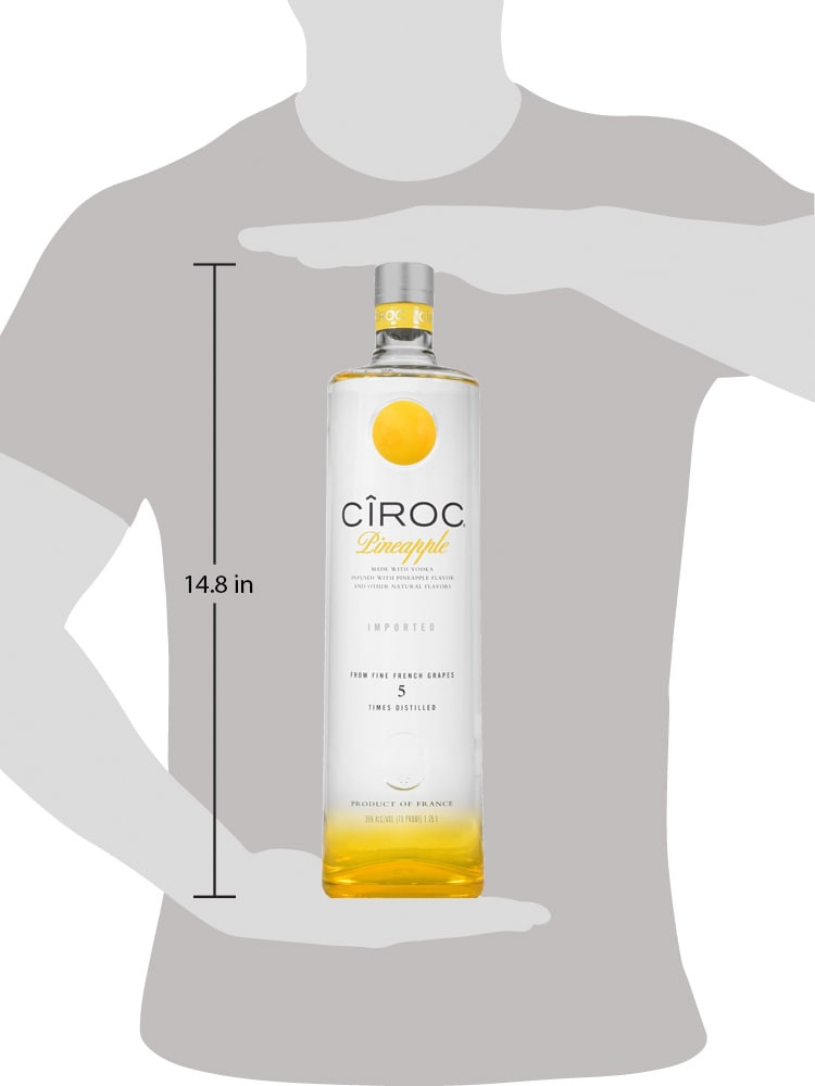 CIROC Pineapple is a rich tasting spirit made with vodka distilled five times from fine French grapes, finished in a tailor-made copper pot still in Southern France. This spirit is masterfully infused with a distinctive blend of pineapple and other natural flavors, resulting in a taste experience that is lusciously different and elegantly smooth. Perfect for any vodka soda. Includes one 70 proof 1.75 L bottle of CIROC Pineapple. Please drink responsibly., One 1.75 L bottle of CIROC Pineapple, Perfect as a gift or for any celebration, Gluten-free, Masterfully infused with pineapple and other natural flavors, Made with vodka distilled five times from fine French grapes, Finished in a tailor-made copper pot still in Southern France