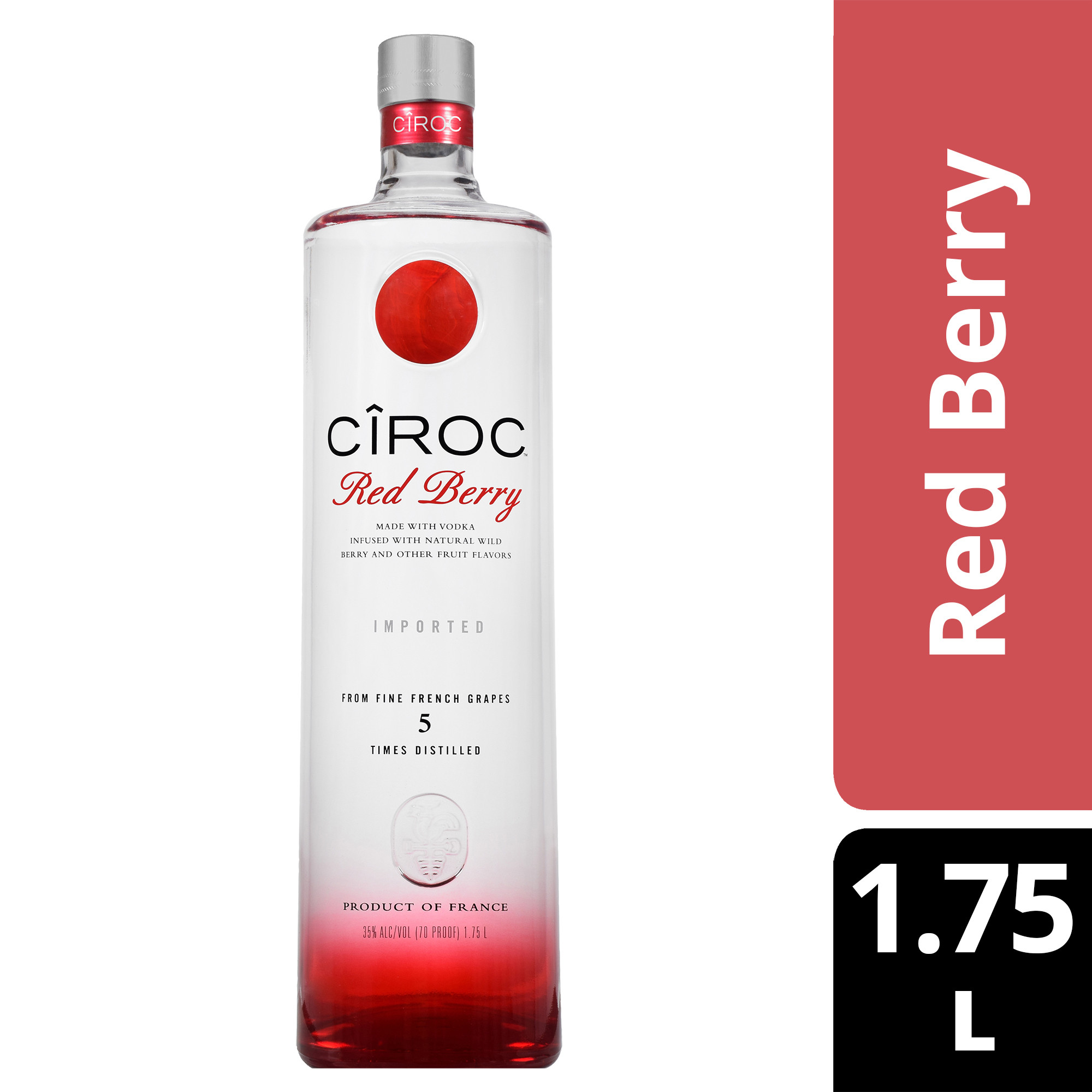 CIROC Red Berry is a rich tasting spirit made with vodka distilled five times from fine French grapes, finished in a tailor-made copper pot still in Southern France. This spirit is masterfully infused with a distinctive blend of raspberry, strawberry and other natural flavors, resulting in a taste experience that is lusciously different and elegantly smooth. Perfect for any vodka soda. Includes one 70 proof 1.75 L bottle of CIROC Red Berry. Please drink responsibly., One 1.75 L bottle of CIROC Red Berry, Perfect as a gift or for any celebration, Gluten-free, Masterfully infused with raspberry, strawberry and other natural flavors, Made with vodka distilled five times from fine French grapes, Finished in a tailor-made copper pot still in Southern France