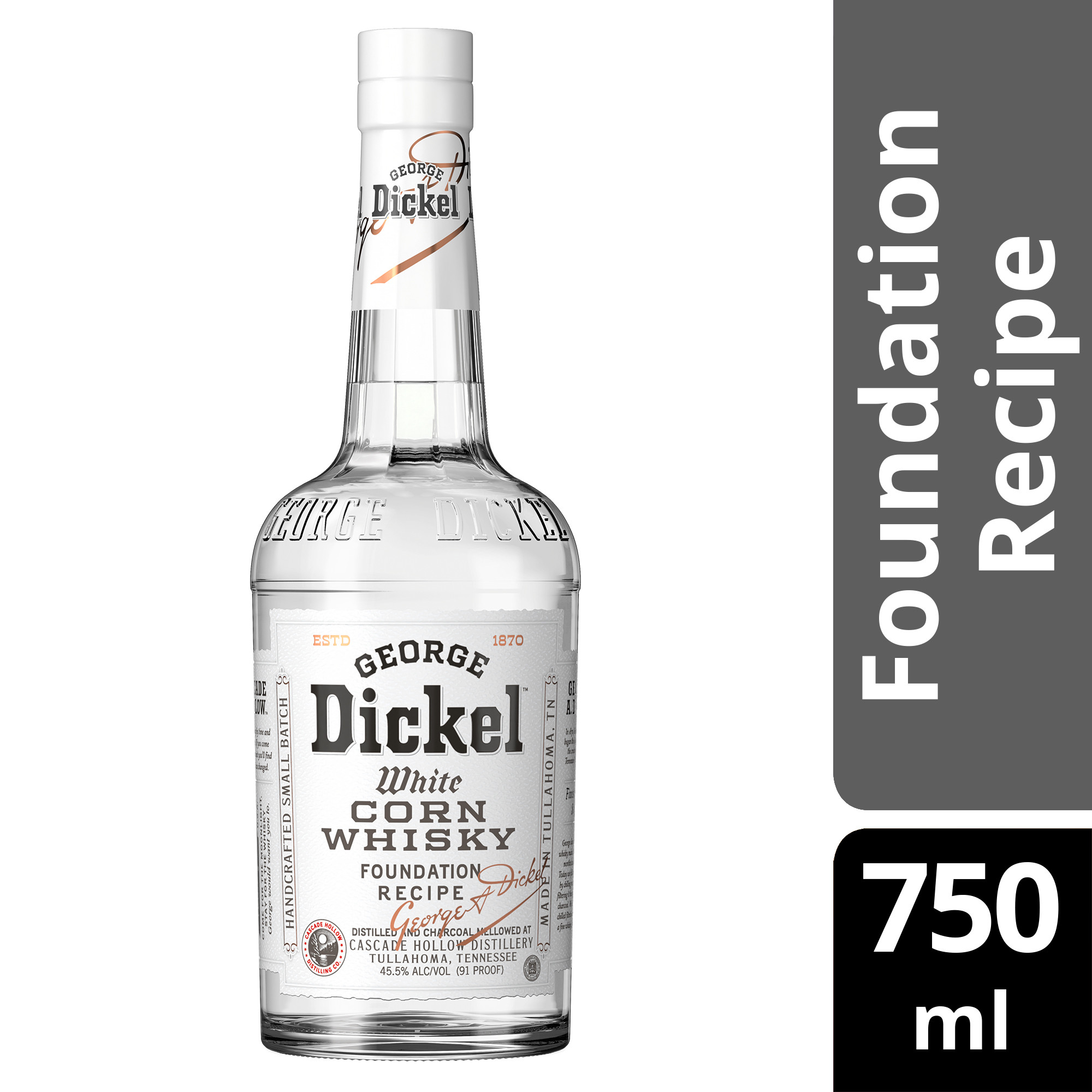 George Dickel Foundation Recipe Tennessee Whisky offers depth, range, and personality with a consistently mellow taste. George Dickel Foundation Recipe is the foundation where all of George Dickel handcrafted corn-based whiskies begin. Crafted from the same mash bill as our Classic Recipe, Signature Recipe, and Barrel Select whiskies and then finished with the signature Dickel "Chill Charcoal Mellowing" process, our Foundation Recipe is one of the finest un-aged whiskies around. Perfect for a Tennessee Roots cocktail. Includes one 91 proof 750 mL bottle of Foundation Recipe Tennessee Whisky. Please drink responsibly., One 750 mL bottle of George Dickel Foundation Recipe Tennessee Whisky, Distilled in Tullahoma, Tennessee using charcoal-mellow filtration for a smoother whisky, Crafted from the same mash bill as our Classic Recipe, Signature Recipe, and Barrel Select whiskies, Perfect as a gift or for any celebration, One of the finest, smoothest un-aged whiskies around, Hand-crafted, corn-based whisky with a consistently mellow taste