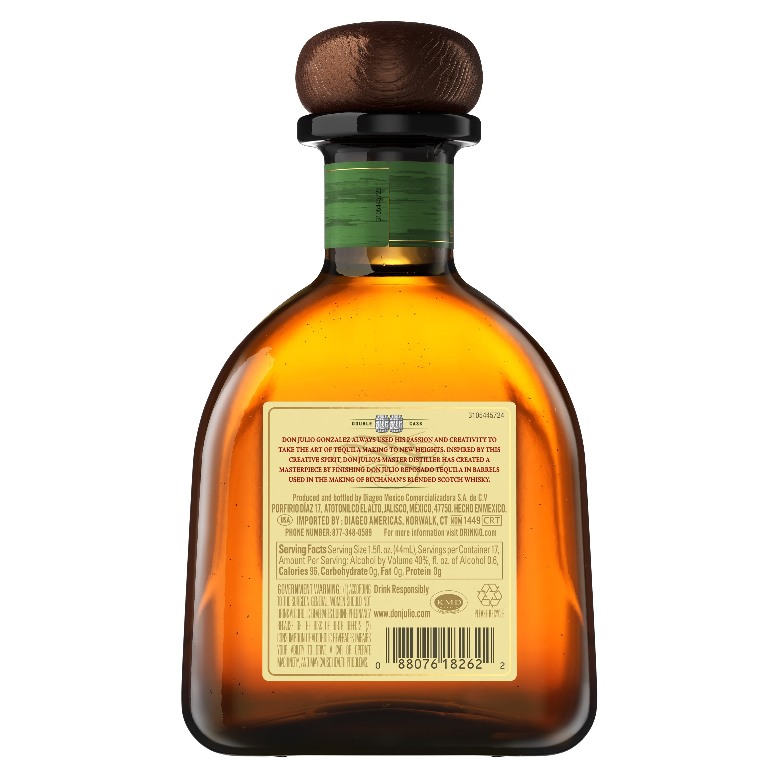 Aged to perfection, Don Julio Reposado Double Cask Tequila is the very essence of the perfect barrel-aged, ultra-premium tequila. Don Julio presents a full-bodied tequila with the taste of rich vanilla, caramel and subtle dried fruit. Made from hand-selected, ripe-harvested Blue Agave, we've double distilled our tequila and aged it in two different casks--first in American oak, then in repurposed barrels from Buchanan's Blended Scotch Whisky. Backed by 75 years of experience distilling luxury tequilas, Don Julio has created a one-of-a-kind tequila with a richer taste and long, silky finish. Don Julio was named One of the Top Trending Tequilas at the 2020 Drinks International awards. Simply pour on the rocks for a signature serve. Includes one 750 mL, 80 proof bottle of Don Julio Reposado Double Cask Tequila. Please drink responsibly., One 750 mL bottle of Don Julio Reposado Double Cask Tequila, 80 proof, Made from hand-selected Blue Agave in the Highlands of Jalisco, Mexico, An ultra-premium, luxury tequila backed by 75 years of distilling experience, Full-bodied tequila with rich vanilla, caramel and subtle dried fruit flavors, Double distilled and aged in American oak and repurposed Buchanan's whisky barrels
