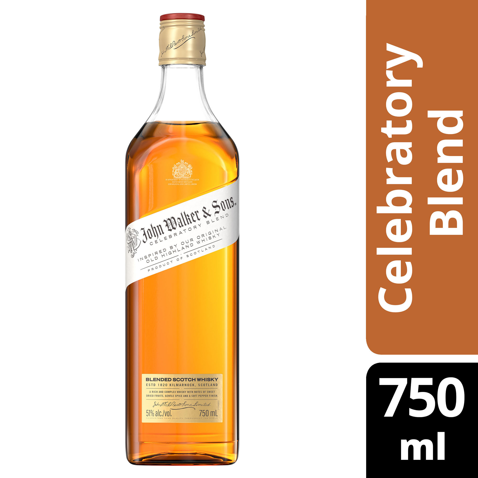 Celebrate the entrepreneurial roots of a whisky maker that has withstood the test of time with John Walker & Sons Celebratory Blend Blended Scotch Whisky. Inspired by the release of Old Highland Whisky in the 1860s that took our whisky from Scotland to the four corners of the world, this limited edition blend is a snapshot of a time past. Made using only whiskies from distilleries operating at that time and bottled at 51% ABV, this blend is reflective of many Scotch whiskies prior to the early 1900s. It offers a flavor journey with notes of sweet dried fruits, gentle spice, roasted nuts and a soft pepper finish. Simply serve neat with chilled water on the side for an elegantly simple drink. Johnnie Walker Celebratory Blend earned a gold medal at the 2021 San Francisco World Spirits Competition. Includes one 102 proof 750 mL bottle of John Walker & Sons Celebratory Blend Blended Scotch Whisky. Please drink responsibly., One 750 mL bottle of John Walker & Sons Celebratory Blend Blended Scotch Whisky, 2021 San Francisco World Spirits Competition Gold Medal Winner, Perfect as a gift or for any celebration, Features notes of sweet dried fruits, gentle spice and roasted nuts, Soft pepper finish