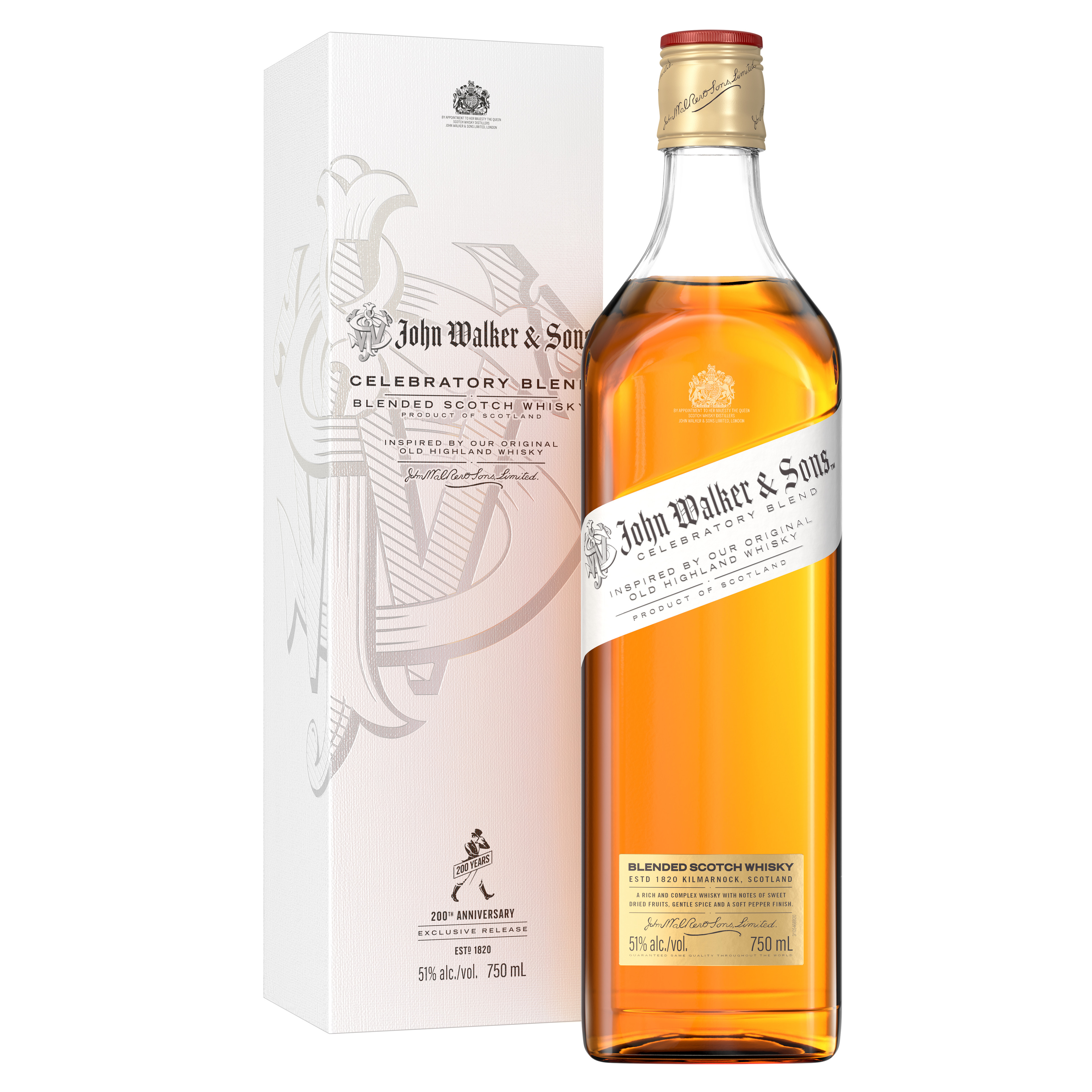Celebrate the entrepreneurial roots of a whisky maker that has withstood the test of time with John Walker & Sons Celebratory Blend Blended Scotch Whisky. Inspired by the release of Old Highland Whisky in the 1860s that took our whisky from Scotland to the four corners of the world, this limited edition blend is a snapshot of a time past. Made using only whiskies from distilleries operating at that time and bottled at 51% ABV, this blend is reflective of many Scotch whiskies prior to the early 1900s. It offers a flavor journey with notes of sweet dried fruits, gentle spice, roasted nuts and a soft pepper finish. Simply serve neat with chilled water on the side for an elegantly simple drink. Johnnie Walker Celebratory Blend earned a gold medal at the 2021 San Francisco World Spirits Competition. Includes one 102 proof 750 mL bottle of John Walker & Sons Celebratory Blend Blended Scotch Whisky. Please drink responsibly., One 750 mL bottle of John Walker & Sons Celebratory Blend Blended Scotch Whisky, 2021 San Francisco World Spirits Competition Gold Medal Winner, Perfect as a gift or for any celebration, Features notes of sweet dried fruits, gentle spice and roasted nuts, Soft pepper finish