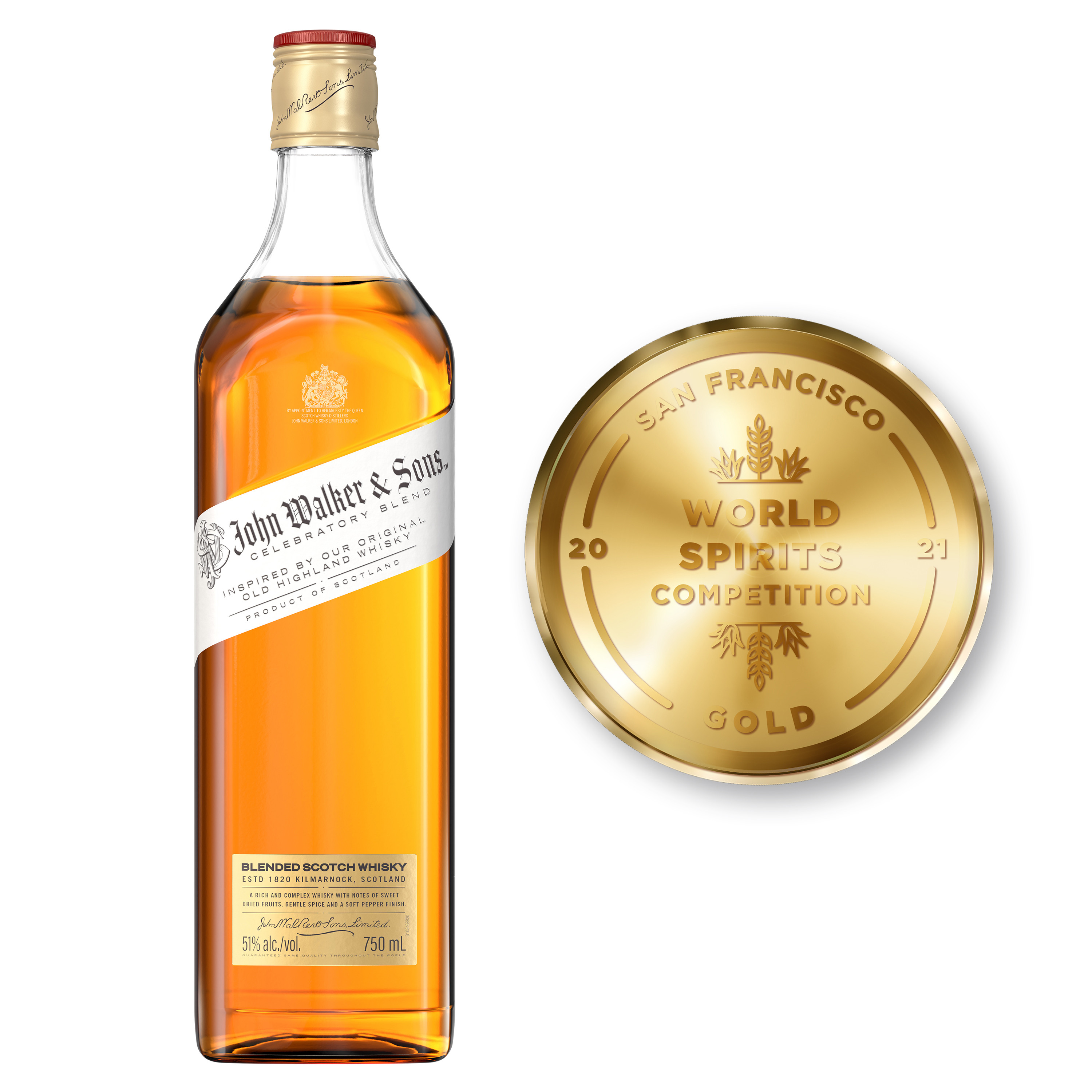Celebrate the entrepreneurial roots of a whisky maker that has withstood the test of time with John Walker & Sons Celebratory Blend Blended Scotch Whisky. Inspired by the release of Old Highland Whisky in the 1860s that took our whisky from Scotland to the four corners of the world, this limited edition blend is a snapshot of a time past. Made using only whiskies from distilleries operating at that time and bottled at 51% ABV, this blend is reflective of many Scotch whiskies prior to the early 1900s. It offers a flavor journey with notes of sweet dried fruits, gentle spice, roasted nuts and a soft pepper finish. Simply serve neat with chilled water on the side for an elegantly simple drink. Johnnie Walker Celebratory Blend earned a gold medal at the 2021 San Francisco World Spirits Competition. Includes one 102 proof 750 mL bottle of John Walker & Sons Celebratory Blend Blended Scotch Whisky. Please drink responsibly., One 750 mL bottle of John Walker & Sons Celebratory Blend Blended Scotch Whisky, 2021 San Francisco World Spirits Competition Gold Medal Winner, Perfect as a gift or for any celebration, Features notes of sweet dried fruits, gentle spice and roasted nuts, Soft pepper finish