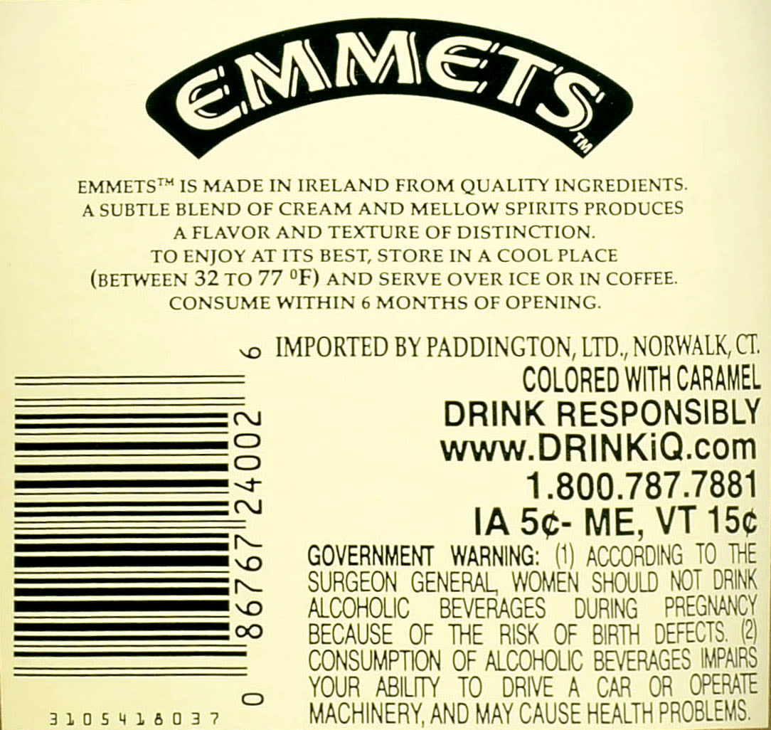 Decadence with an edge is the best way to describe Emmet's Liqueur. The sweet and creamy flavor of vanilla pairs excellently with coffee, dessert or sipped on its own. Made in Ireland from quality ingredients, this 34 proof liqueur is perfect for any celebration. Perfect for a coffee cocktail. Includes one 34 proof 1.75 L bottle of Emmet's Liqueur. Please drink responsibly., One 1.75 L bottle of Emmet's Liqueur, 34 Proof, Perfect for any celebration, Made in Ireland from quality ingredients, Perfect for mixed drinks, Sweet and smooth flavor