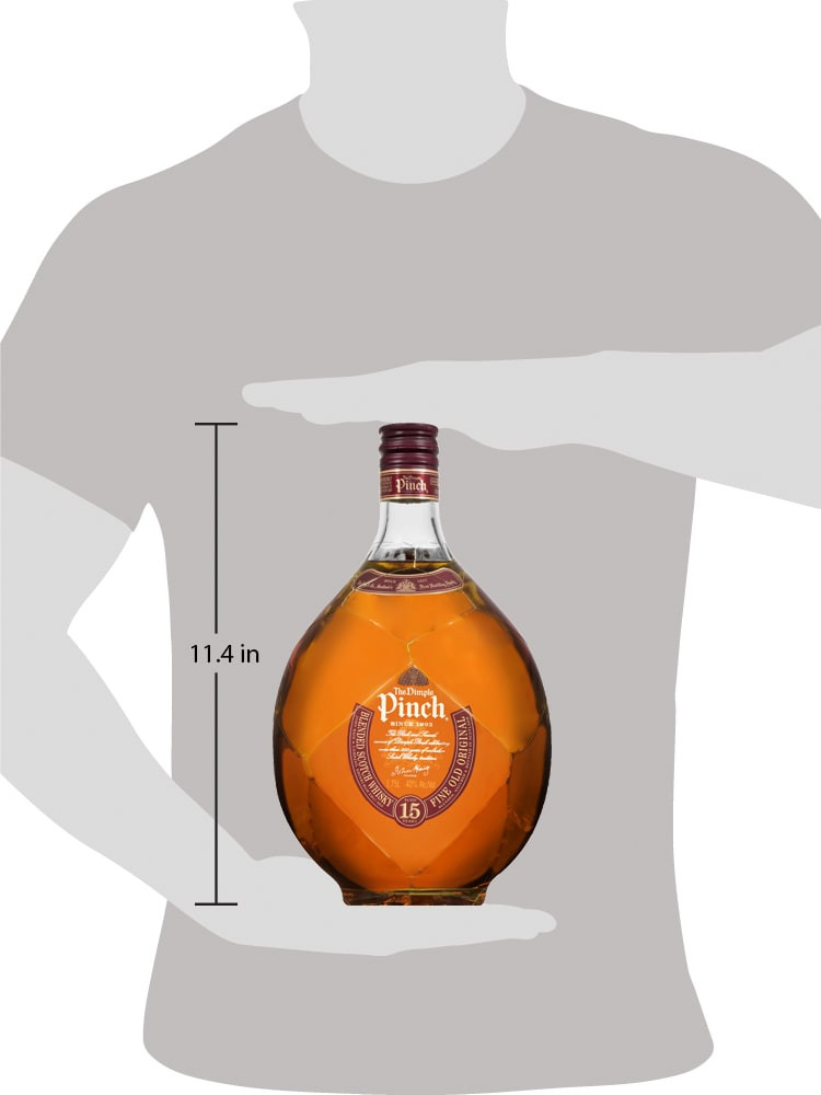 Taste centuries of distillation sophistication with The Dimple Pinch 15 Year Old Blended Scotch Whisky. Our 80 proof whisky offers a strong flavor of warm, sweet malty smoothness tinged with burnt oak, followed by a short, earthy finish with hints of peat, burnt caramel and a touch of sea salt. To truly experience the intricacies of flavor, serve neat or with a splash of water to develop the nose. Includes one 80 proof 1.75 L bottle of The Dimple Pinch 15 Year Old Blended Scotch Whisky. Please drink responsibly., One 1.75 L bottle of The Dimple Pinch 15 Year Old Blended Scotch Whisky, Distilled in Cameronbridge, Scotland and aged for 15 years, Short, earthy finish with strong hints of peat, burnt caramel and a touch of sea salt