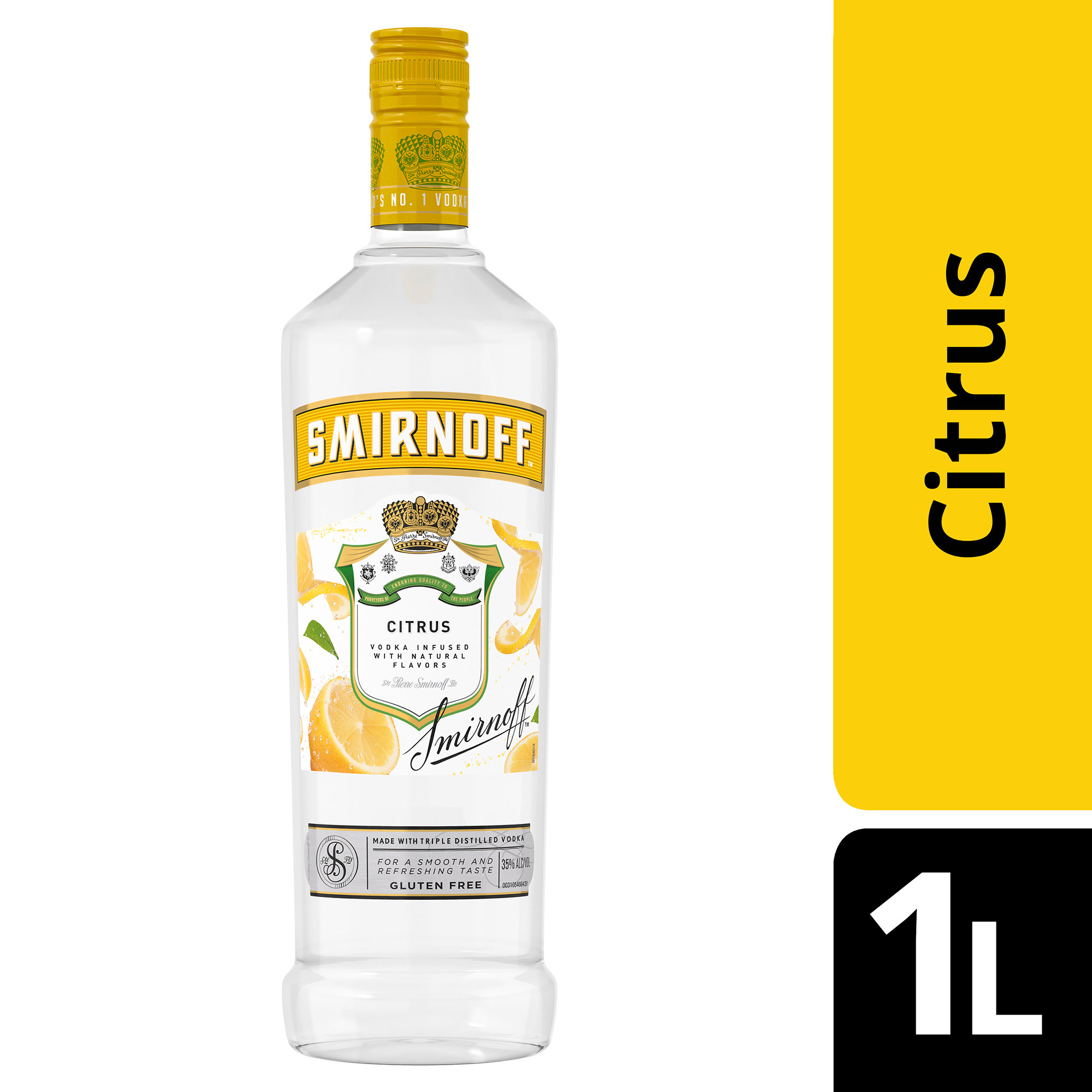 Infused with natural citrus flavor for a crisp and refreshing taste, Smirnoff Citrus is perfect for your next cocktail party. This 60 proof spirit is smooth enough to enjoy on the rocks or in a round of shots. Simply mix with lemonade and honey for a refreshing-tasting Spring Lemon cocktail, or pair it with orange juice, cranberry juice or soda water with a twist for even more drink options. Smirnoff Citrusâ€™s tasty fruit-infused flavors allow for endless unique drink ideas. Includes one 60 proof 1 L bottle of Smirnoff Citrus. Please enjoy responsibly., One 1 L bottle of Smirnoff Citrus, Gold winner with 94 points at New York International Spirits Competition, 60 Proof, Certified Kosher and gluten free, Perfect for drinking on its own or in mixed drinks for a bright citrus taste