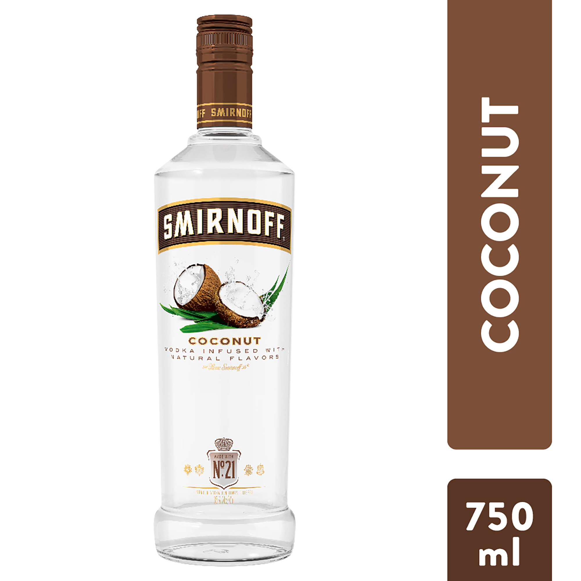 Whether you sip it on the rocks or with soda and a twist, Smirnoff Coconut is the perfect addition to a cocktail party. Our 70 proof spirit is infused with natural coconut flavor for a delicate, sweet taste and easy finish. Smirnoff Coconut is smooth enough to be taken alone or added to your favorite mixed drink for a delicious kick. Simply mix with pineapple juice, pour over ice and garnish with a pineapple slice and mint sprig for a refreshing-tasting Crowd Surfer cocktail. Includes one 70 proof 750 mL bottle of Smirnoff Coconut. Please drink responsibly., One 750 mL bottle of Smirnoff Coconut, 70 Proof, Certified Kosher and gluten free, From the Makers of the World's No. 1 Vodka, Perfect for drinking on its own or with mixed beverages