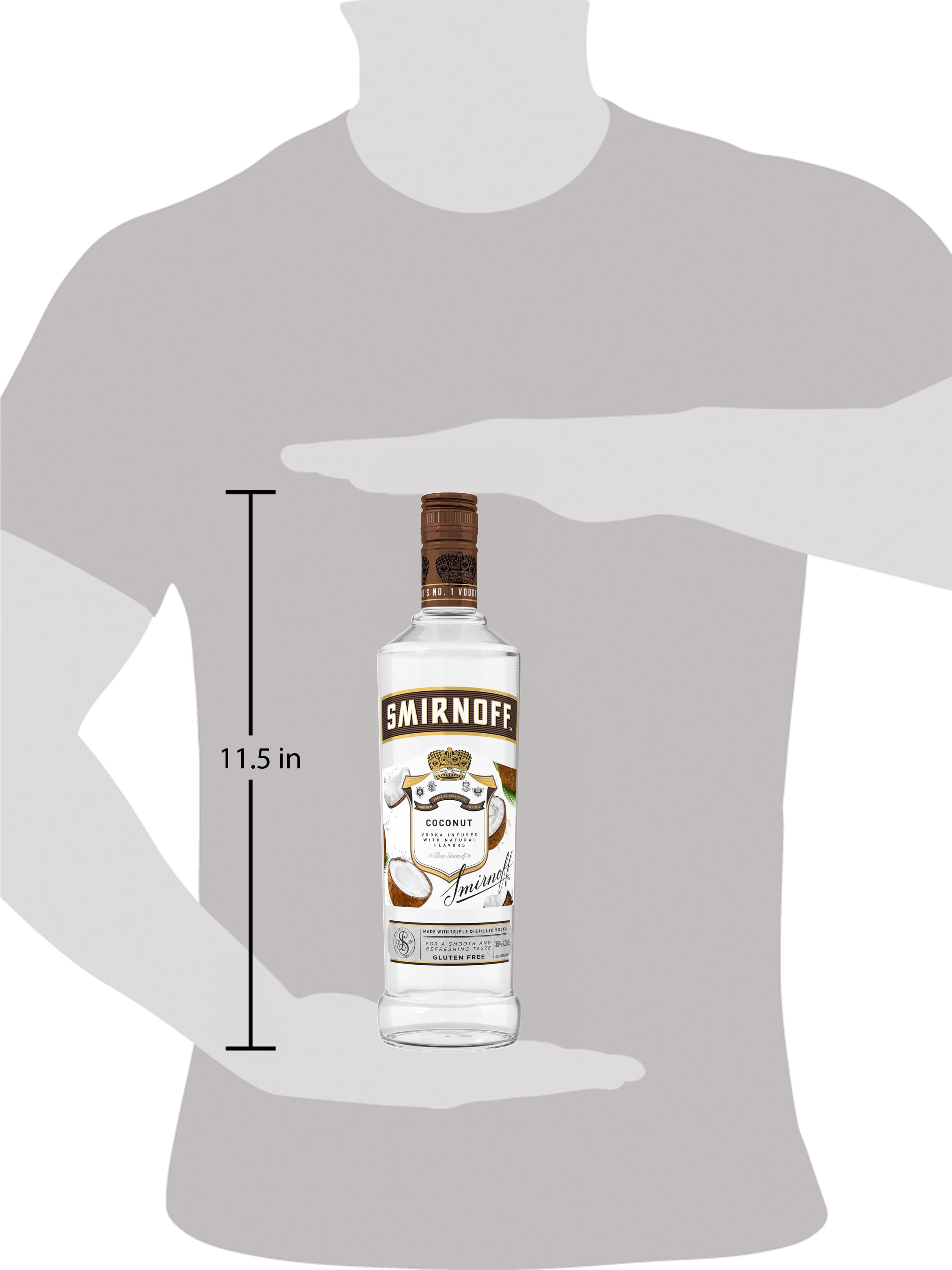 Whether you sip it on the rocks or with soda and a twist, Smirnoff Coconut is the perfect addition to a cocktail party. Our 70 proof spirit is infused with natural coconut flavor for a delicate, sweet taste and easy finish. Smirnoff Coconut is smooth enough to be taken alone or added to your favorite mixed drink for a delicious kick. Simply mix with pineapple juice, pour over ice and garnish with a pineapple slice and mint sprig for a refreshing-tasting Crowd Surfer cocktail. Includes one 70 proof 750 mL bottle of Smirnoff Coconut. Please drink responsibly., One 750 mL bottle of Smirnoff Coconut, 70 Proof, Certified Kosher and gluten free, From the Makers of the World's No. 1 Vodka, Perfect for drinking on its own or with mixed beverages