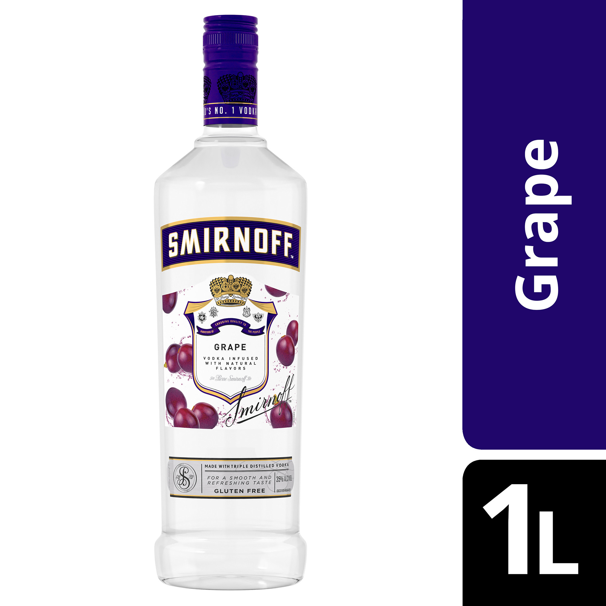 Infused with natural grape flavor for a sweet and fruity finish, Smirnoff Grape is perfect for your next get-together or evening out with friends. This gluten-free spirit is smooth enough to be enjoyed on the rocks, in a round of shots or added as a delicious kick to your favorite mixed drink at your next cocktail party. Simply mix with soda water, lemonade, or iced tea to make a delicious drink. Smirnoff Grapeâ€™s tasty fruit-infused flavors allow for endless unique drink ideas. Includes one 70 proof 1 L bottle of Smirnoff Grape. Please enjoy responsibly., One 1 L bottle of Smirnoff Grape, 70 Proof, Certified Kosher and gluten free, From the Makers of the World's No. 1 Vodka, Perfect for drinking on its own or with mixed beverages