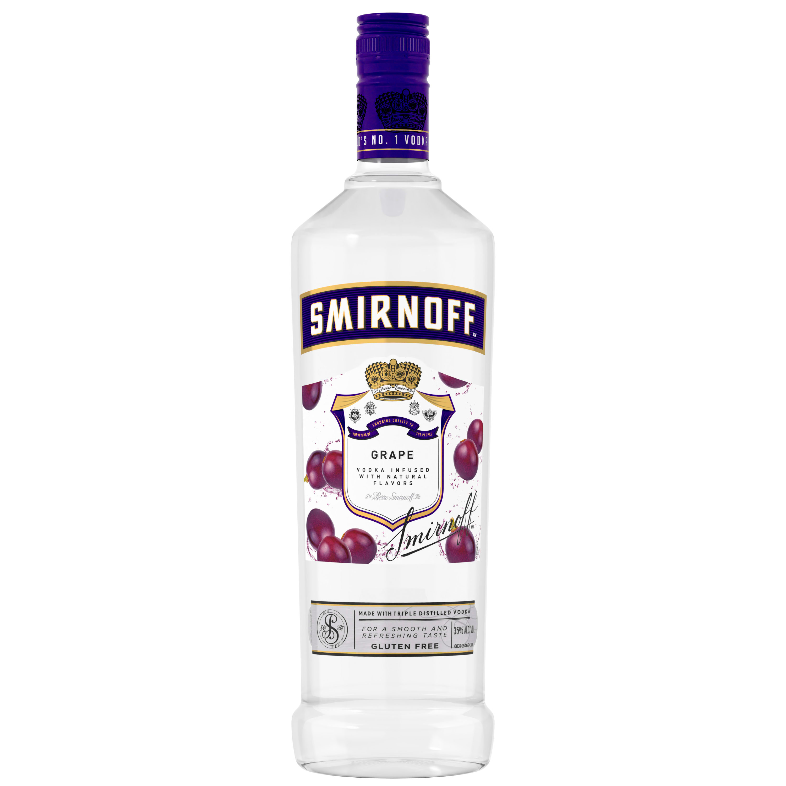 Infused with natural grape flavor for a sweet and fruity finish, Smirnoff Grape is perfect for your next get-together or evening out with friends. This gluten-free spirit is smooth enough to be enjoyed on the rocks, in a round of shots or added as a delicious kick to your favorite mixed drink at your next cocktail party. Simply mix with soda water, lemonade, or iced tea to make a delicious drink. Smirnoff Grapeâ€™s tasty fruit-infused flavors allow for endless unique drink ideas. Includes one 70 proof 1 L bottle of Smirnoff Grape. Please enjoy responsibly., One 1 L bottle of Smirnoff Grape, 70 Proof, Certified Kosher and gluten free, From the Makers of the World's No. 1 Vodka, Perfect for drinking on its own or with mixed beverages
