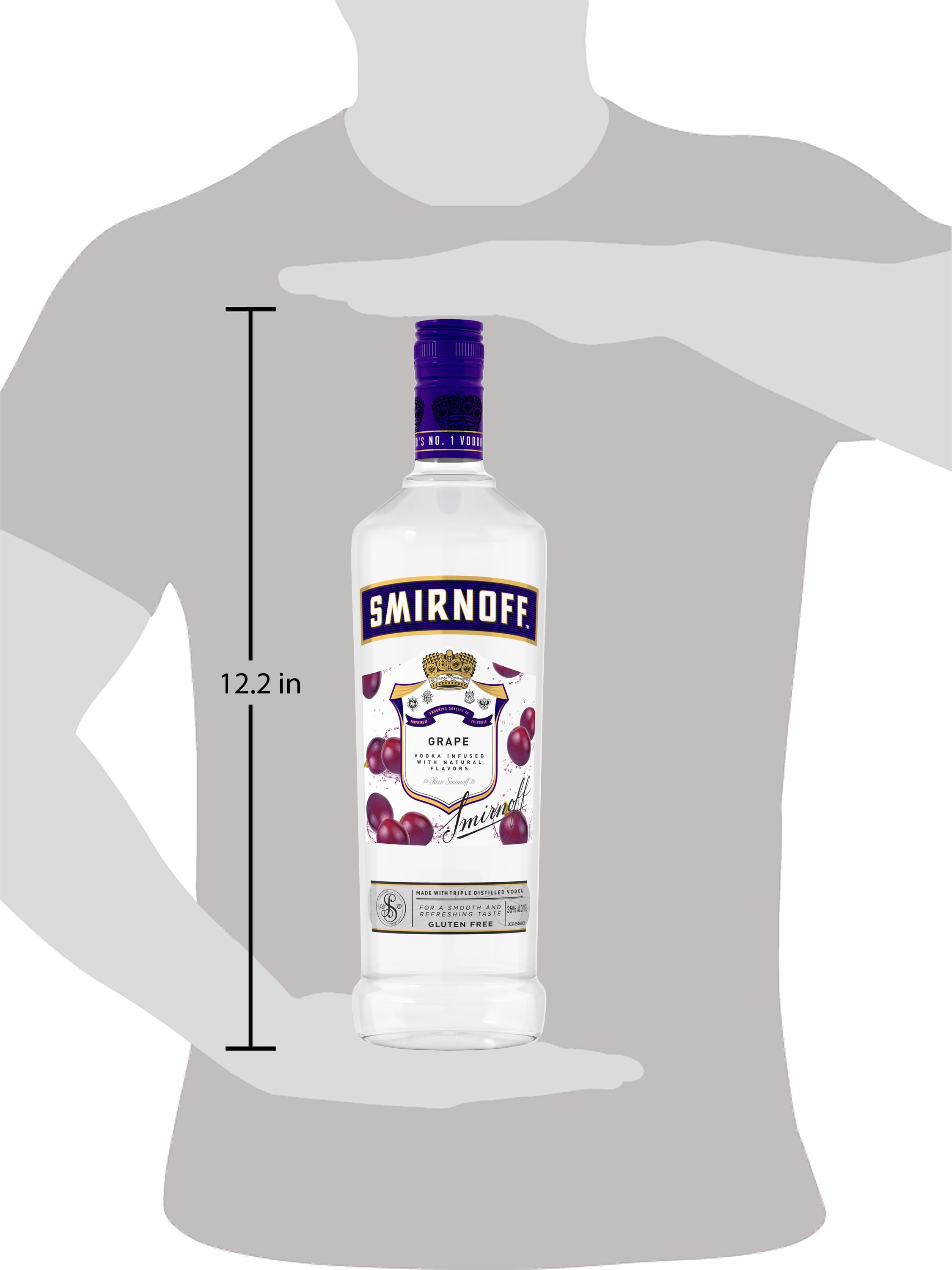 Infused with natural grape flavor for a sweet and fruity finish, Smirnoff Grape is perfect for your next get-together or evening out with friends. This gluten-free spirit is smooth enough to be enjoyed on the rocks, in a round of shots or added as a delicious kick to your favorite mixed drink at your next cocktail party. Simply mix with soda water, lemonade, or iced tea to make a delicious drink. Smirnoff Grapeâ€™s tasty fruit-infused flavors allow for endless unique drink ideas. Includes one 70 proof 1 L bottle of Smirnoff Grape. Please enjoy responsibly., One 1 L bottle of Smirnoff Grape, 70 Proof, Certified Kosher and gluten free, From the Makers of the World's No. 1 Vodka, Perfect for drinking on its own or with mixed beverages