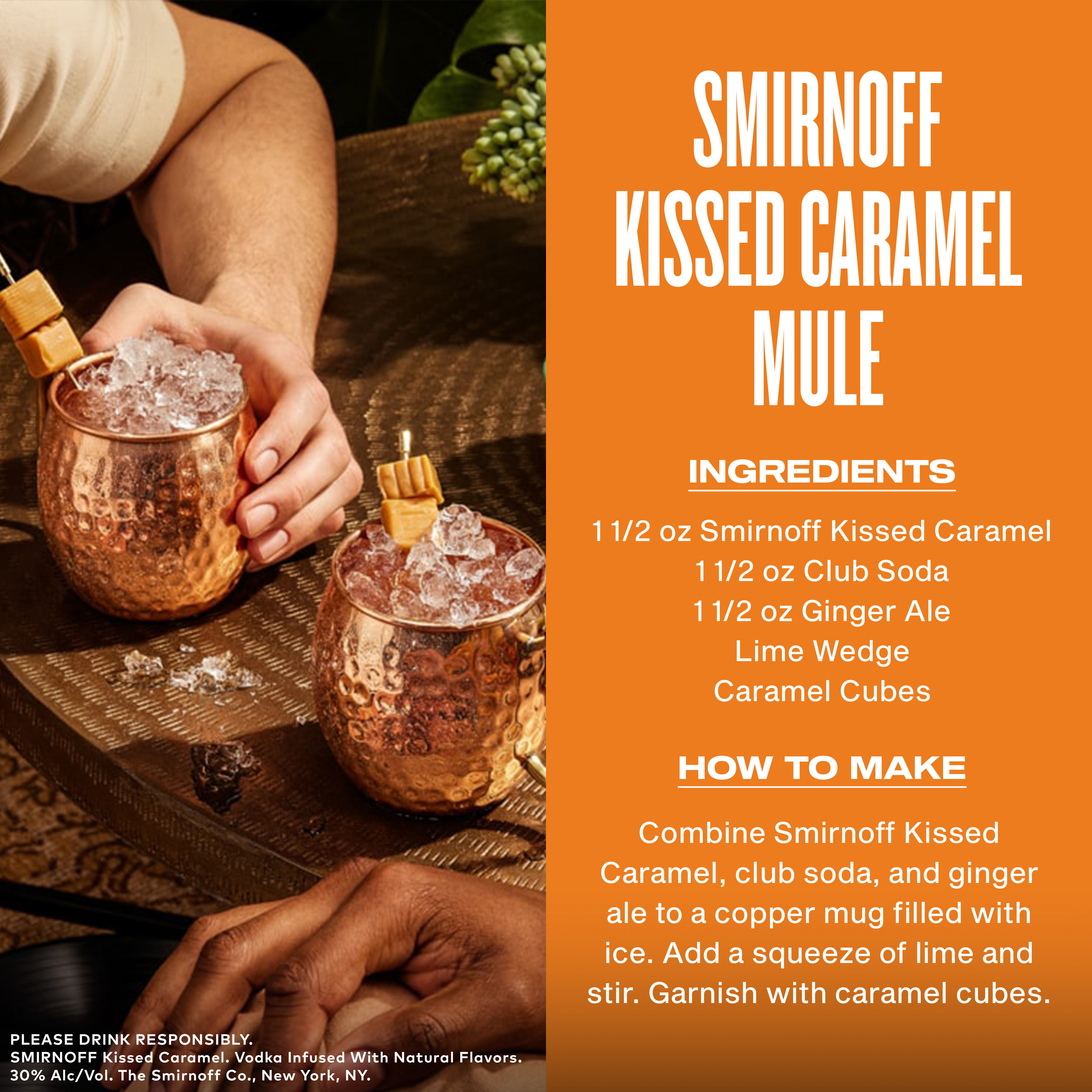 Indulge in the decadent flavor of caramel with Smirnoff Kissed Caramel. Infused with the confectionary taste of salted caramel, this gluten-free and Kosher Certified spirit is perfect for after-dinner drinks and is smooth enough to be enjoyed neat. Perfect for those cozy evenings and dessert pairings, the versatility of Smirnoff Kissed Caramel adds a layer of decadence to any occasion. Includes one 60 proof 1.75 L bottle of Smirnoff Kissed Caramel. Please drink responsibly., One 1.75 L bottle of Smirnoff Kissed Caramel, Awarded a gold medal at the 2019 Los Angeles International Spirits Competition, 60 proof - luscious and smooth, Perfect as a gift or for cozy evenings with your favorite dessert, Certified Kosher and gluten-free, Enjoy neat or mix to create a creamy, indulgent cocktail, Perfect after-dinner treat from the makers of the worldâ€™s no. 1 vodka, Infused with the taste of homemade caramel and a hint of salt