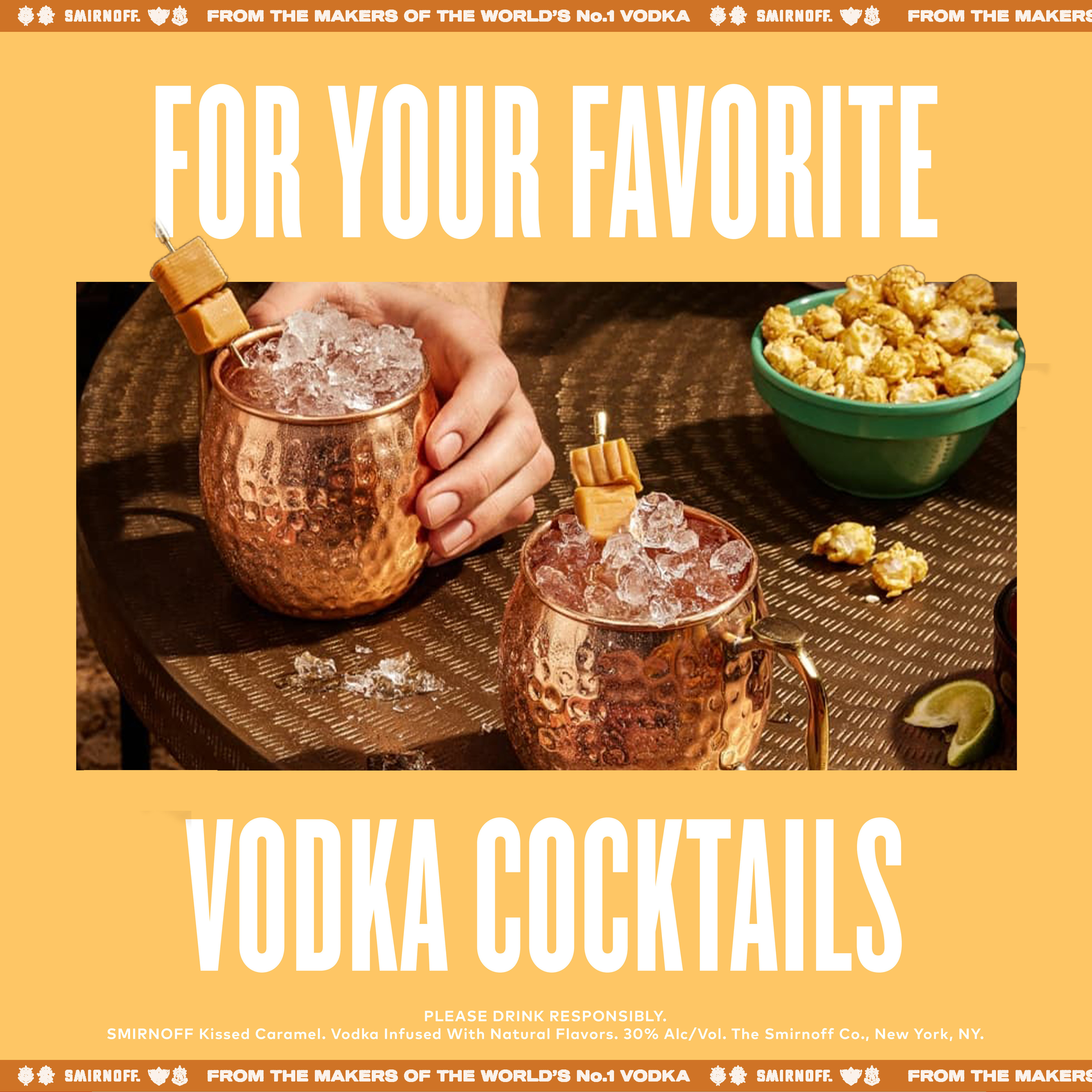 Indulge in the decadent flavor of caramel with Smirnoff Kissed Caramel. Infused with the confectionary taste of salted caramel, this gluten-free and Kosher Certified spirit is perfect for after-dinner drinks and is smooth enough to be enjoyed neat. Perfect for those cozy evenings and dessert pairings, the versatility of Smirnoff Kissed Caramel adds a layer of decadence to any occasion. Includes one 60 proof 1.75 L bottle of Smirnoff Kissed Caramel. Please drink responsibly., One 1.75 L bottle of Smirnoff Kissed Caramel, Awarded a gold medal at the 2019 Los Angeles International Spirits Competition, 60 proof - luscious and smooth, Perfect as a gift or for cozy evenings with your favorite dessert, Certified Kosher and gluten-free, Enjoy neat or mix to create a creamy, indulgent cocktail, Perfect after-dinner treat from the makers of the worldâ€™s no. 1 vodka, Infused with the taste of homemade caramel and a hint of salt