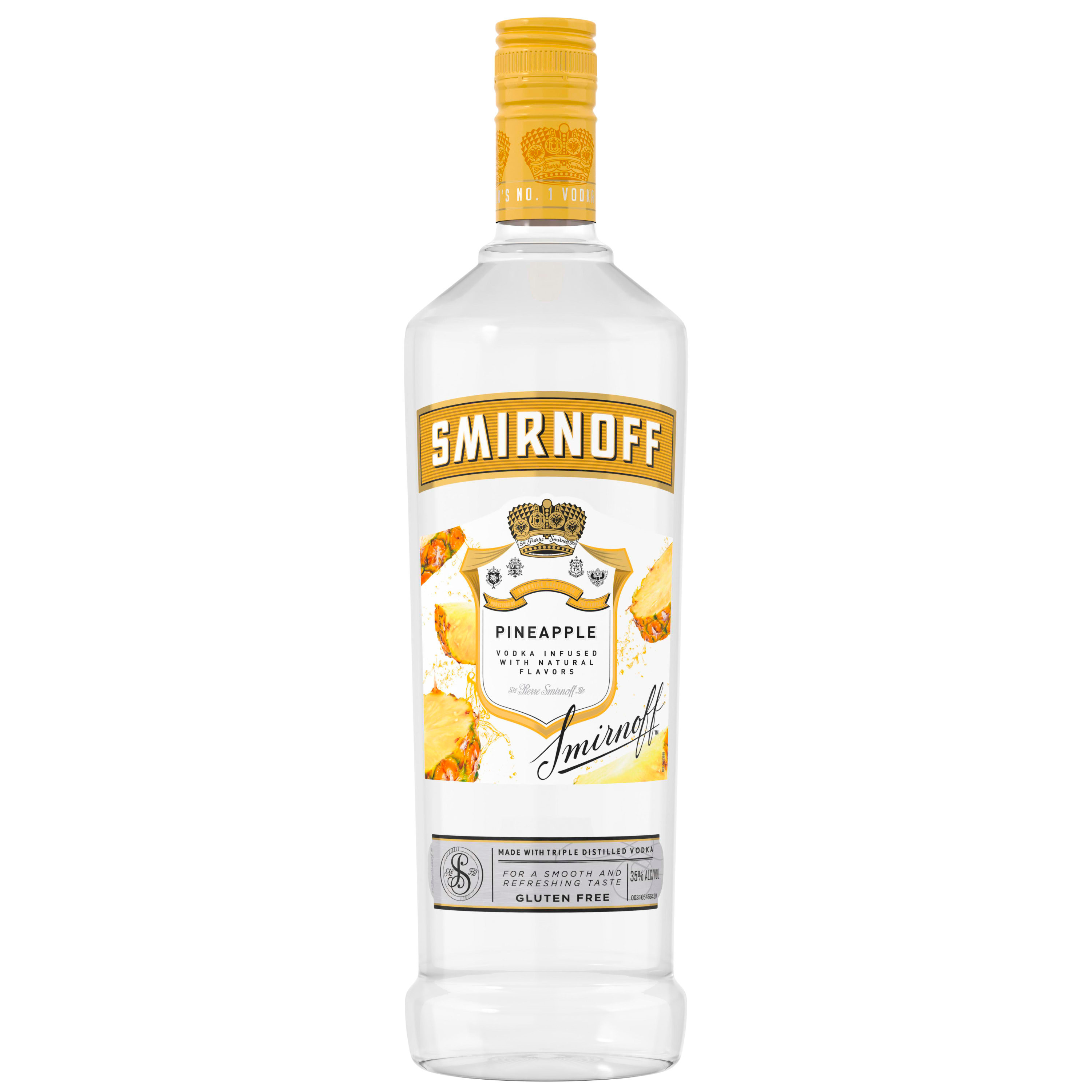 Smirnoff Pineapple is perfect for your next cocktail party, infused with a natural pineapple flavor for a tropical taste of the islands in your drinks. This 70 proof spirit is smooth enough to drink on the rocks or in a round of shots. Simply mix with orange juice and lime juice and pour over ice with an orange twist. It also pairs well with soda water, lemonade, or pineapple juice for an easy mixed drink. Smirnoff Pineappleâ€™s tasty fruit-infused flavors allow for endless unique drink ideas. Includes one 70 proof 1 L bottle of Smirnoff Pineapple. Please enjoy responsibly., One 1 L bottle of Smirnoff Pineapple, 70 Proof, Certified Kosher and gluten free, From the Makers of the World's No. 1 Vodka, Perfect for drinking on its own or with mixed beverages