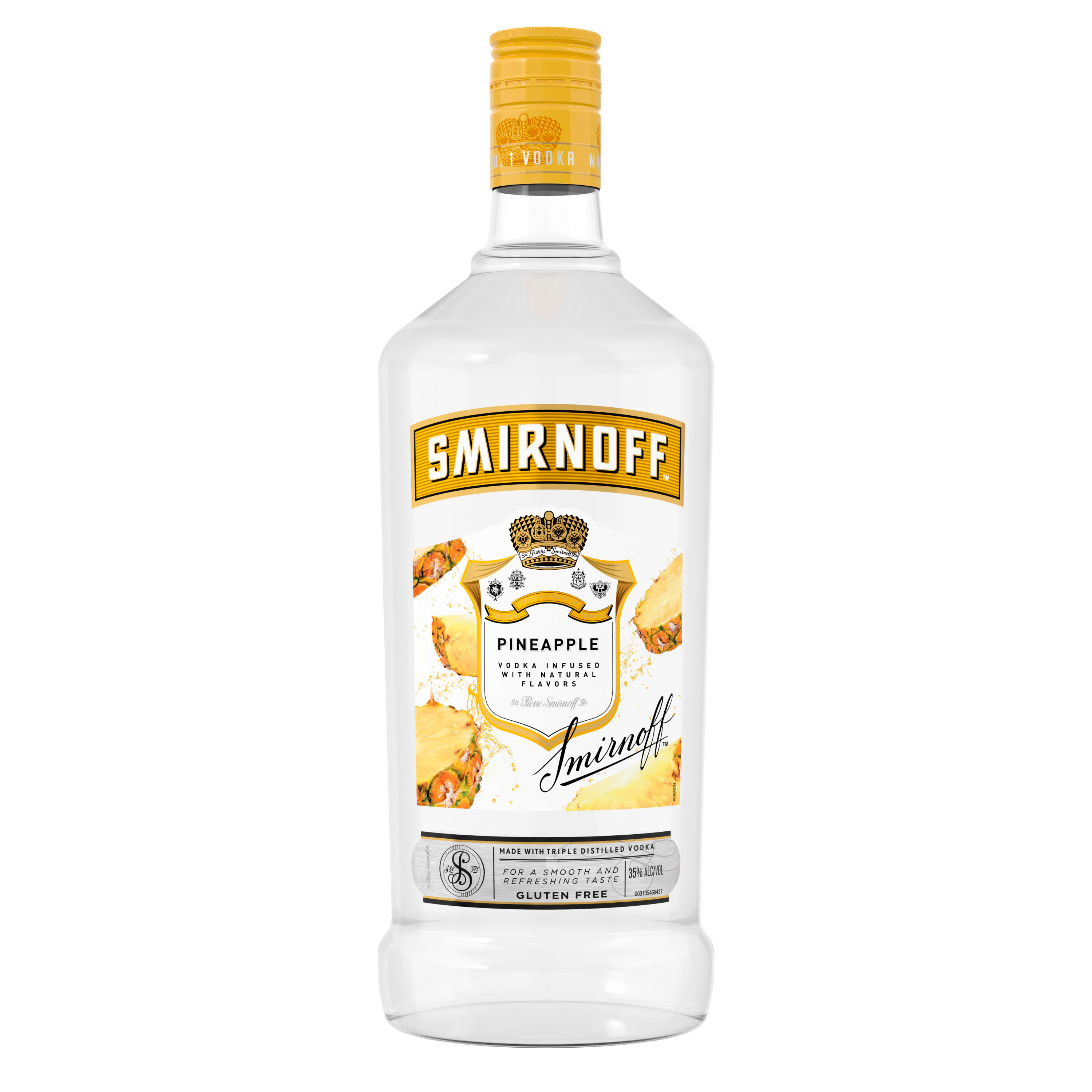 Smirnoff Pineapple is perfect for your next cocktail party, infused with a natural pineapple flavor for a tropical taste of the islands in your drinks. This 70 proof spirit is smooth enough to drink on the rocks or in a round of shots. Simply mix with orange juice and lime juice and pour over ice with an orange twist. It also pairs well with soda water, lemonade, or pineapple juice for an easy mixed drink. Smirnoff Pineappleâ€™s tasty fruit-infused flavors allow for endless unique drink ideas. Includes one 70 proof 1.75 L bottle of Smirnoff Pineapple. Please enjoy responsibly., One 1.75 L bottle of Smirnoff Pineapple, 70 Proof, Certified Kosher and gluten free, From the Makers of the World's No. 1 Vodka, Perfect for drinking on its own or with mixed beverages