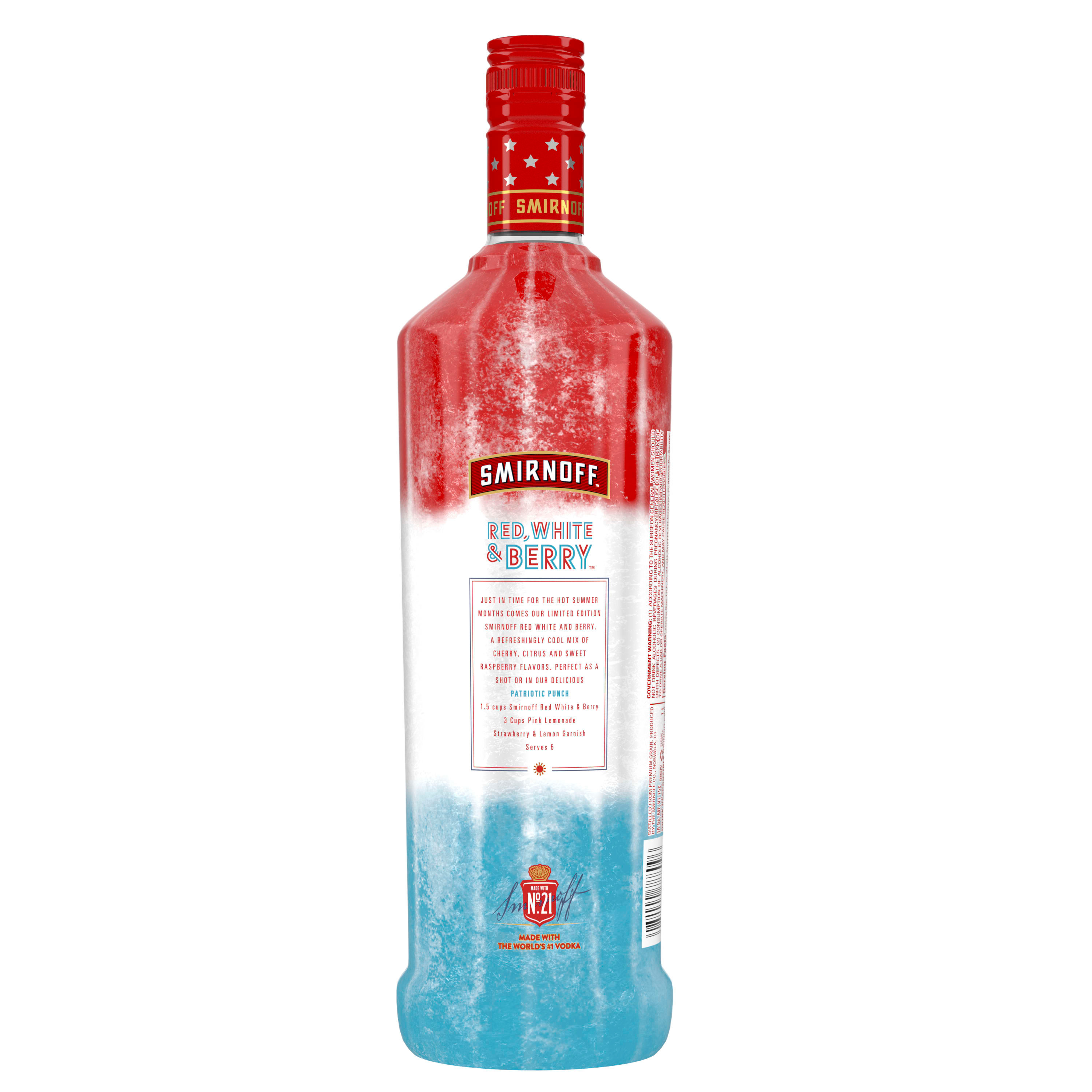 What better way to celebrate freedom than with a patriotic spirit like the limited edition Smirnoff Red White & Berry? Infused with a delicious blend of cherry, citrus and blue raspberry, this gluten-free spirit is ideal for toasting special occasions and works just as well in vibrant cocktails. Mix Smirnoff Red, White & Berry with pink lemonade and garnish with strawberries and lemon for a refreshing-tasting, summery punch. Includes one 60-proof 1 L bottle of Smirnoff Red White & Berry. Please enjoy responsibly., One 1 L bottle of Smirnoff Red, White & Berry, Awarded a platinum medal at the 2019 SIP Awards, 60 Proof - with a spirited and full-bodied profile, Ideal for toasting, gifting, and enhancing festivities, Kosher Certified and gluten-free, Enjoy on the rocks or mix to create celebratory cocktails, From the Makers of the World's No. 1 Vodka, A vibrant infusion of zingy citrus, fruity cherry, and sweet blue raspberry flavors.