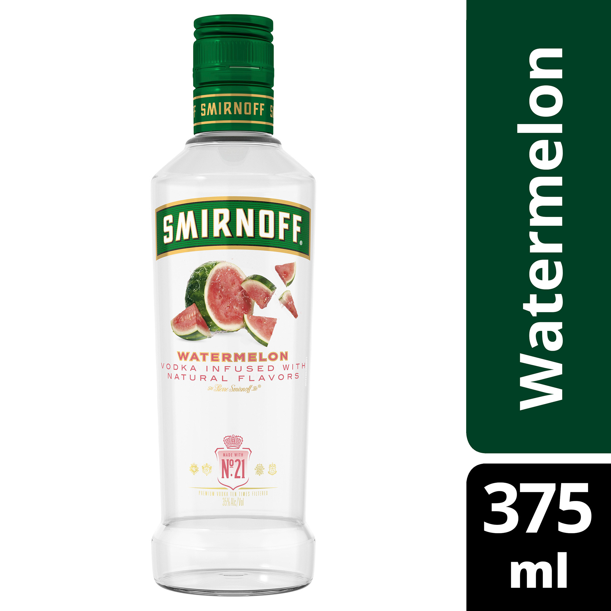Smirnoff Watermelon is infused with a pink watermelon flavor for a sweet and refreshing taste in all of your drinks. This spirit is smooth enough to drink on the rocks or in a round of shots. Simply combine with watermelon cubes, jalapeno slices, lemon juice, and simple syrup for a Spicy Watermelon mixed drink. It also pairs well with soda water, lemonade, or iced tea for a quick, refreshing-tasting cocktail. Smirnoff Watermelonâ€™s tasty fruit-infused flavors allow for endless unique drink ideas. Includes one 70 proof 375 mL bottle of Smirnoff Watermelon. Please enjoy responsibly., One 375 mL glass bottle of Smirnoff Watermelon, Awarded a gold medal at the 2019 SIP Awards, 70 Proof, Certified Kosher and gluten free, Perfect as a gift or for any celebration, Perfect for drinking on its own or with mixed beverages