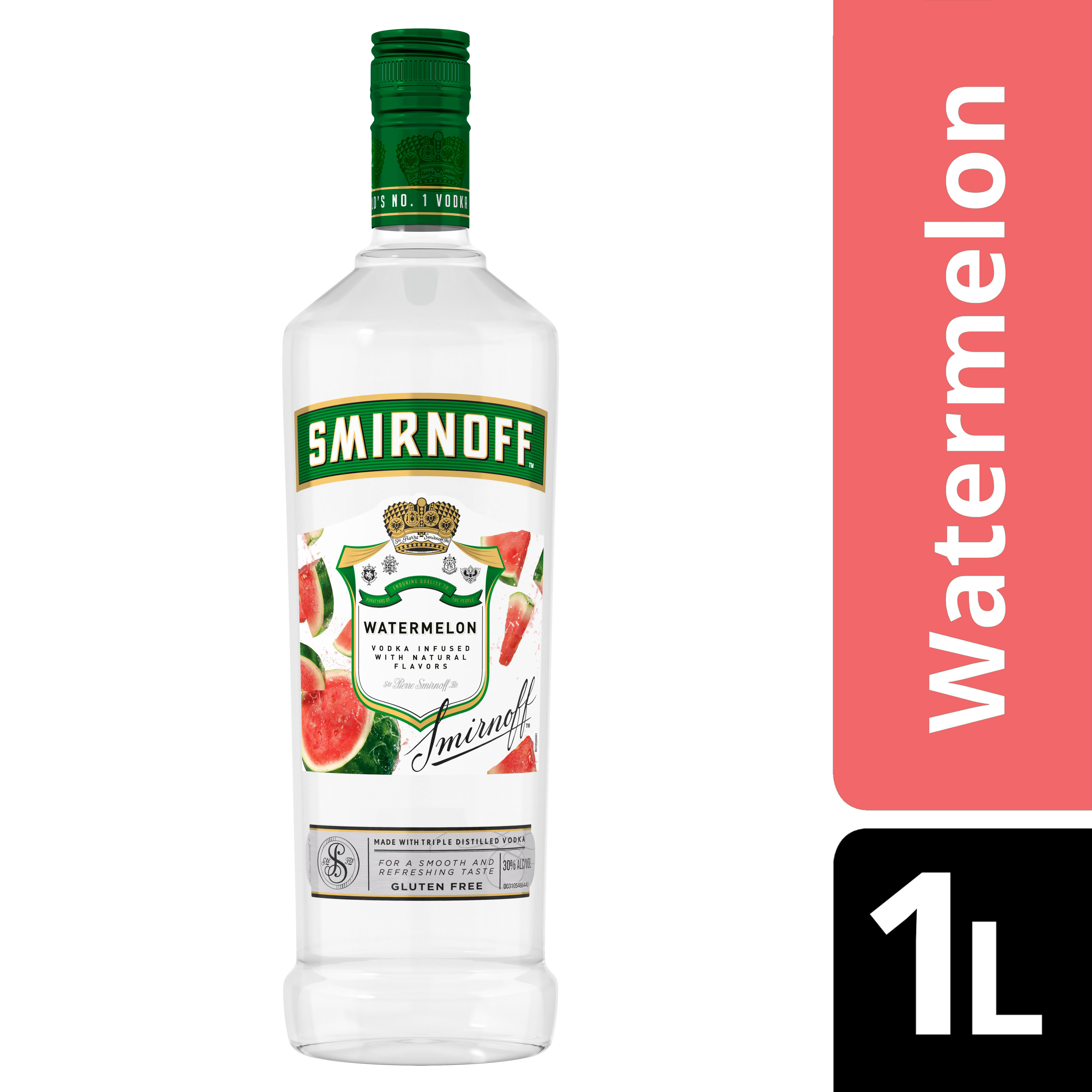 Smirnoff Watermelon is infused with a pink watermelon flavor for a sweet and refreshing taste in all of your drinks. This spirit is smooth enough to drink on the rocks or in a round of shots. Simply combine with watermelon cubes, jalapeno slices, lemon juice, and simple syrup for a Spicy Watermelon mixed drink. It also pairs well with soda water, lemonade, or iced tea for a quick, refreshing-tasting cocktail. Smirnoff Watermelonâ€™s tasty fruit-infused flavors allow for endless unique drink ideas. Includes one 60 proof 1 L bottle of Smirnoff Watermelon. Please enjoy responsibly., One 1 L bottle of Smirnoff Watermelon, Awarded a gold medal at the 2019 SIP Awards, 60 Proof, Certified Kosher and gluten free, Perfect as a gift or for any celebration, Perfect for drinking on its own or with mixed beverages