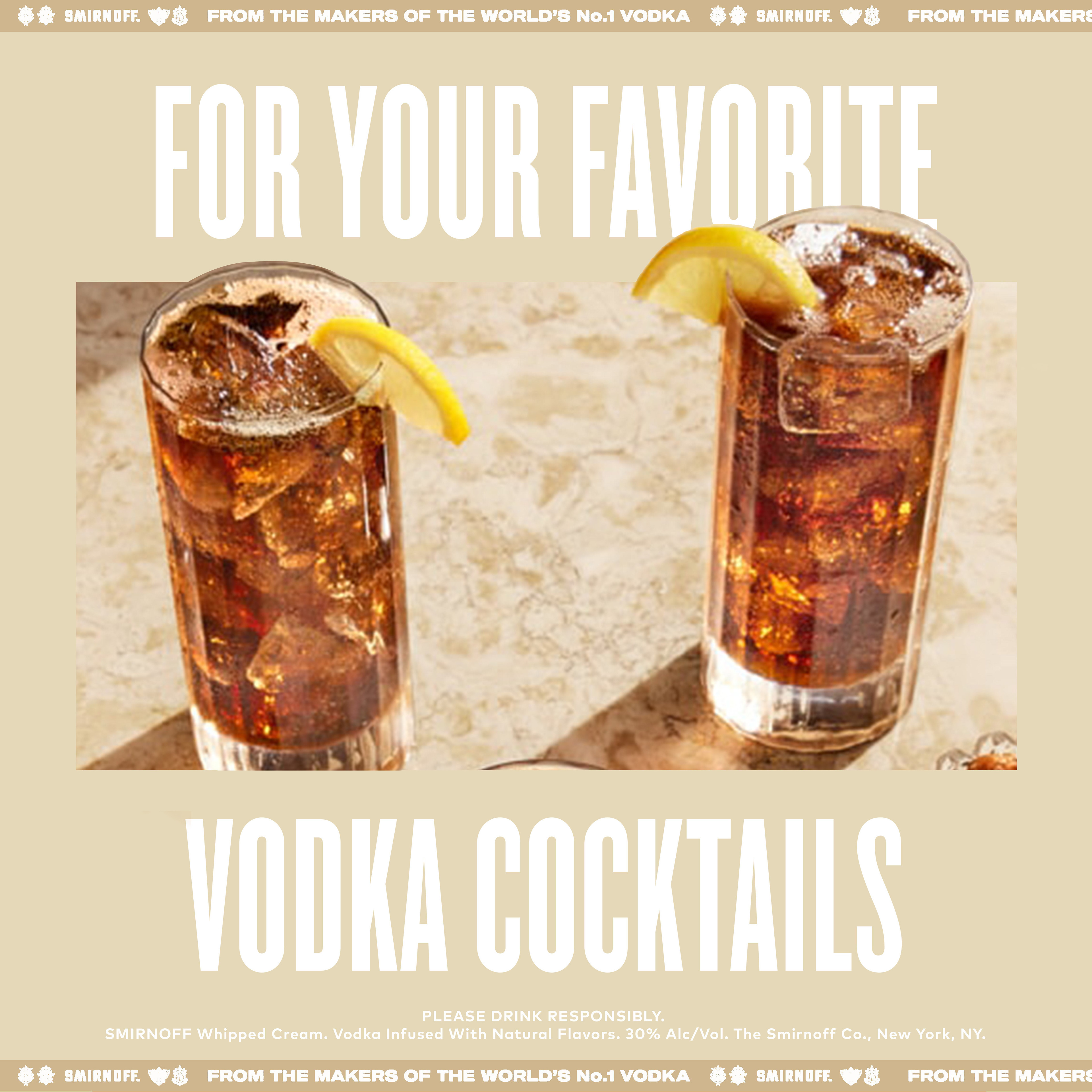 Smirnoff Whipped Cream is perfect for your next cocktail party, infused with the confectionary taste of whipped cream for a light and decadent taste. This spirit is smooth enough to drink on the rocks or in a round of shots. Simply mix with coffee, root beer, or ginger ale for a creamy, sweet party drink that's quick and easy to make. Smirnoff Whipped Creamâ€™s rich infused flavor allows for endless unique drink ideas. Includes one 60 proof 1 L bottle of Smirnoff Whipped Cream. Please enjoy responsibly., One 1 L bottle of Smirnoff Whipped Cream, 60 Proof, Certified Kosher and gluten free, From the Makers of the World's No. 1 Vodka, Perfect for drinking on its own or with mixed beverages
