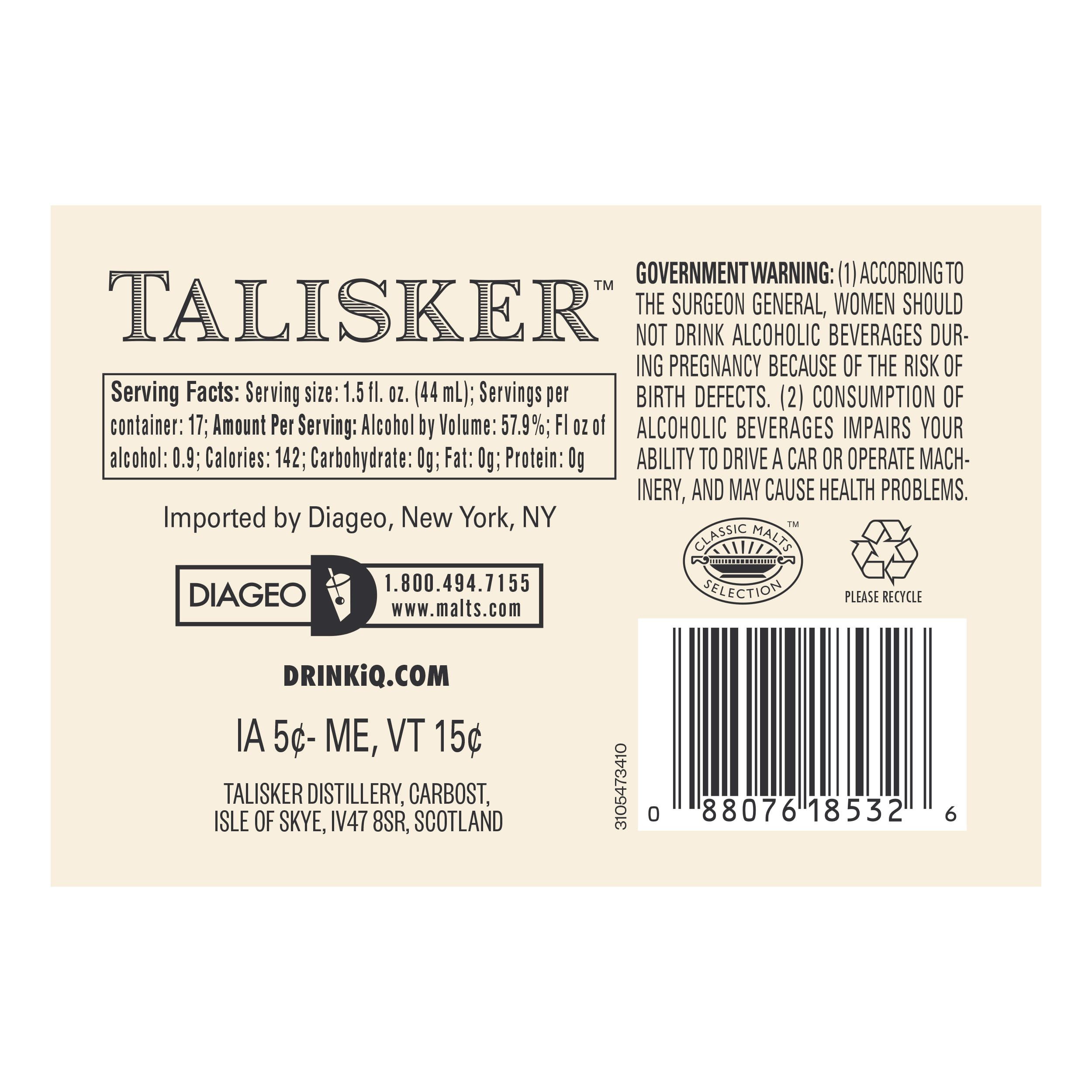 Venture into unexplored territory with Talisker 8 Year Old Single Malt Scotch Whisky. This special release is the first ever to be finished in pot still Caribbean rum casks, enlivening Talisker's maritime, peppery character with the dark sweetness of warmer climes. It offers a sweet aroma of molasses balanced with sea salt and dried seaweed on a smoky barbecue base. Smooth and soft, this whisky's robust, salty-sweet taste is steadily outshined by the classic Talisker heat. The long, peppery and drying finish rounds off with sweet smoke. Bottled at natural cask strength, this extraordinary Talisker is best served in a traditional whisky glass with a little water to allow the finishing smoke to linger. Includes one 115.8 proof 750 mL bottle of Talisker 8 Year Old Single Malt Scotch Whisky. Please drink responsibly., One 750 mL bottle of Talisker 8 Year Old Single Malt Scotch Whisky, Long, peppery and drying finish with a hint of sweet smoke, Perfect as a gift or for celebrating anniversaries, birthdays, graduations or any special occasion, Medium-bodied with a smooth, balanced taste and classic Talisker heat