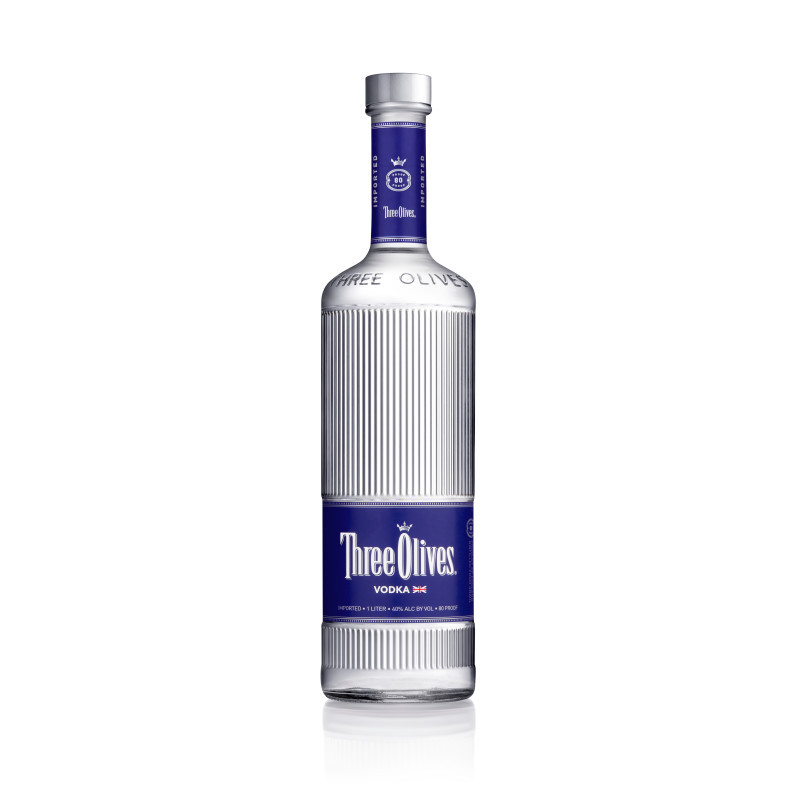 Three Olives is a premium vodka 4x distilled and filtered yielding an exceptionally pure and smooth vodka that is 100% GMO-free. The palate entry is silky, textured and enhanced with mineral notes. It is extremely mixable and can be used in a variety of cocktails ranging from a vodka soda to a Bloody Mary. (40% ABV  80 proof)