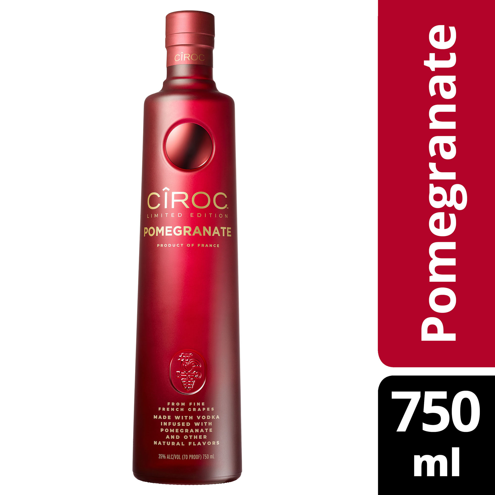 Make this holiday season luxurious and decadent with the sweet and fruity flavor of CIROC Limited Edition Pomegranate. Our rich tasting, award-winning spirit is made with vodka distilled five times from fine French grapes and finished in a tailor-made copper pot still in Southern France. This vodka is masterfully infused with a distinctive blend of pomegranate and other natural flavors, making way for a silky-smooth drinking experience. With notes of juicy red berries and hints of fresh strawberry mingling with bursts of sweet and fruity pomegranate, our luxurious blend is an opulent addition to any holiday party. Simply mix with cranberry juice and garnish with a lime wedge for a signature Pomegranate Passion cocktail. CIROC Ultra-Premium Vodka was named One of the Worldâ€™s Best-Selling Vodkas at the 2020 Drinks International awards. Includes one 70 proof, 750 mL bottle of CIROC Limited Edition Pomegranate. Please drink responsibly., One 750 mL bottle of CIROC Limited Edition Pomegranate, Perfect as a gift or for any celebration, Finished in a tailor-made copper pot still in Southern France, Luxurious holiday gift for friends, hosts or yourself, Masterfully infused with the taste of pomegranate and other natural flavors, Made with vodka distilled five times from fine French grapes