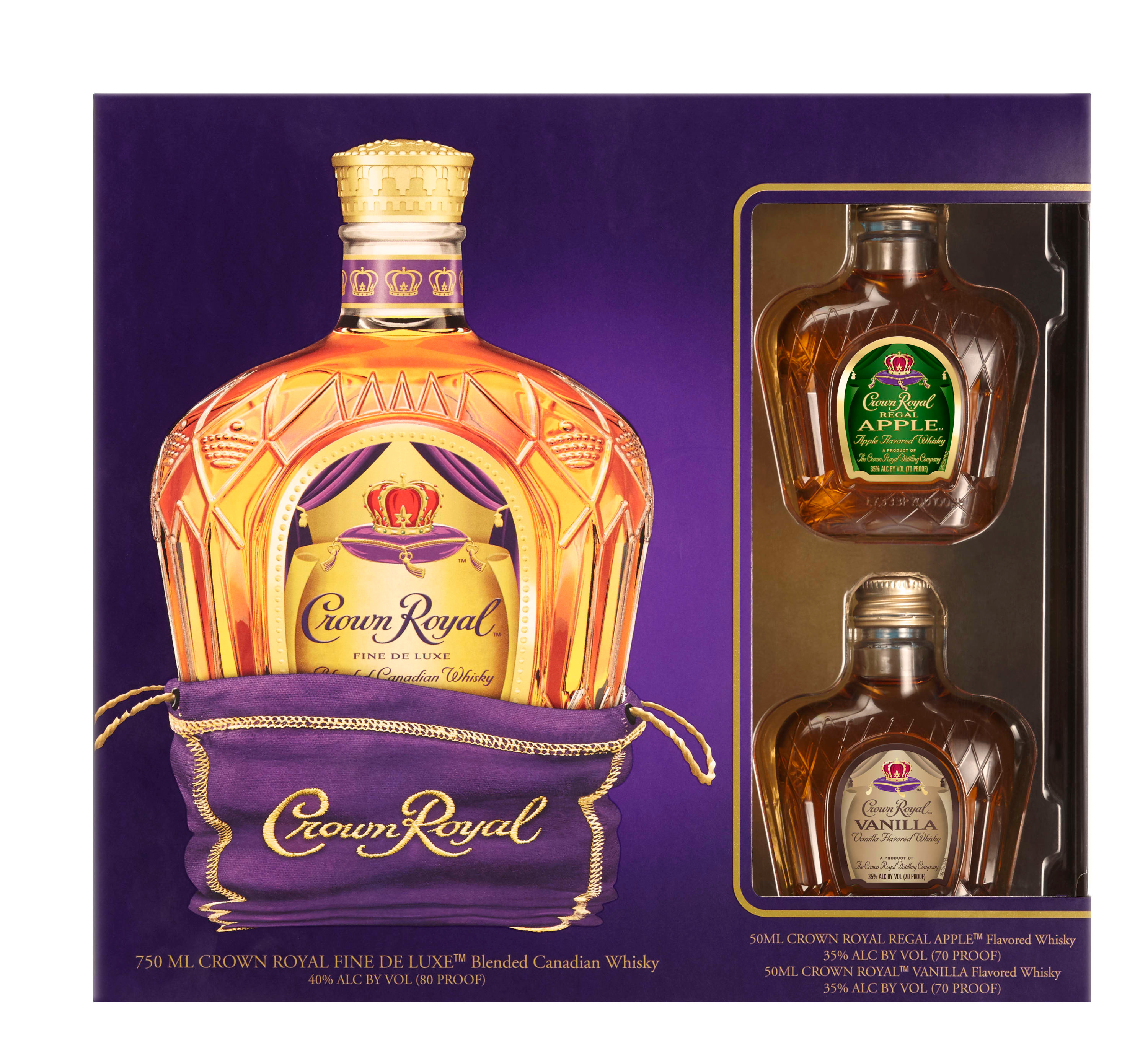 Unwind in luxury with this set of Crown Royal Fine De Luxe Blended Canadian Whisky, with one 50mL Crown Royal Regal Apple Flavored Whisky and one 50mL Crown Royal Vanilla Flavored Whisky. With a silky texture and hints of oak and sweet vanilla, our 80-proof whisky provides a refined flavor that enhances any cocktail party or celebration. This package also includes one 50 mL bottle of Crown Royal Regal Apple Flavored Whisky and one 50 mL bottle of Crown Royal Vanilla Flavored Whisky to broaden the palate and experience more from Crown Royal. Matured to perfection, our deluxe whisky is the standard of excellence for Canadian whisky. Perfect for a classic old fashioned. Includes one 80 proof 750 mL bottle of Crown Royal Fine De Luxe Blended Canadian Whisky with one 50mL Crown Royal Regal Apple Flavored Whisky and one 50mL Crown Royal Vanilla Flavored Whisky. Please drink responsibly., One 750 mL bottle of Crown Royal Fine De Luxe Blended Canadian Whisky with one 50 mL Crown Royal Regal Apple Flavored Whisky and one 50mL Crown Royal Vanilla Flavored Whisky, Comes with one 50 mL Crown Royal Regal Apple Flavored Whisky and one 50mL Crown Royal Vanilla Flavored Whisky, Perfect as a gift or for any celebration, Meticulously blended with 50 distinct and rich whiskies, Silky texture and hints of oak and sweet vanilla for a refined flavor, Robust, full-bodied blended Canadian whisky, Matured to perfection