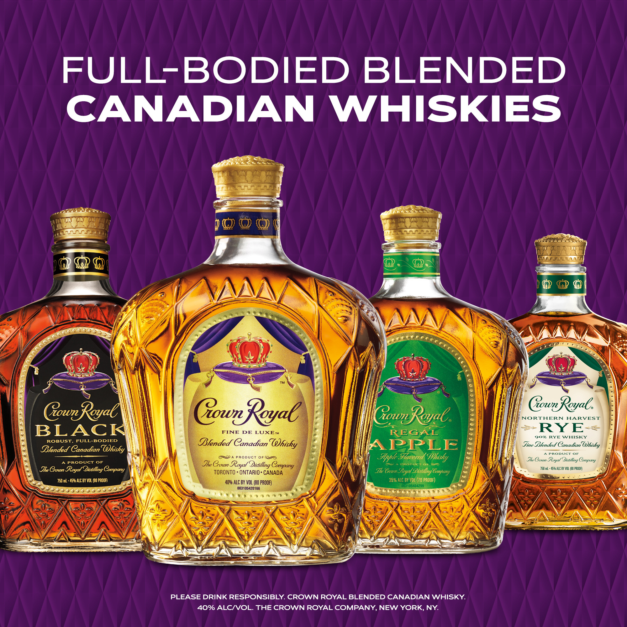 Unwind in luxury with this set of Crown Royal Fine De Luxe Blended Canadian Whisky, with one 50mL Crown Royal Regal Apple Flavored Whisky and one 50mL Crown Royal Vanilla Flavored Whisky. With a silky texture and hints of oak and sweet vanilla, our 80-proof whisky provides a refined flavor that enhances any cocktail party or celebration. This package also includes one 50 mL bottle of Crown Royal Regal Apple Flavored Whisky and one 50 mL bottle of Crown Royal Vanilla Flavored Whisky to broaden the palate and experience more from Crown Royal. Matured to perfection, our deluxe whisky is the standard of excellence for Canadian whisky. Perfect for a classic old fashioned. Includes one 80 proof 750 mL bottle of Crown Royal Fine De Luxe Blended Canadian Whisky with one 50mL Crown Royal Regal Apple Flavored Whisky and one 50mL Crown Royal Vanilla Flavored Whisky. Please drink responsibly., One 750 mL bottle of Crown Royal Fine De Luxe Blended Canadian Whisky with one 50 mL Crown Royal Regal Apple Flavored Whisky and one 50mL Crown Royal Vanilla Flavored Whisky, Comes with one 50 mL Crown Royal Regal Apple Flavored Whisky and one 50mL Crown Royal Vanilla Flavored Whisky, Perfect as a gift or for any celebration, Meticulously blended with 50 distinct and rich whiskies, Silky texture and hints of oak and sweet vanilla for a refined flavor, Robust, full-bodied blended Canadian whisky, Matured to perfection