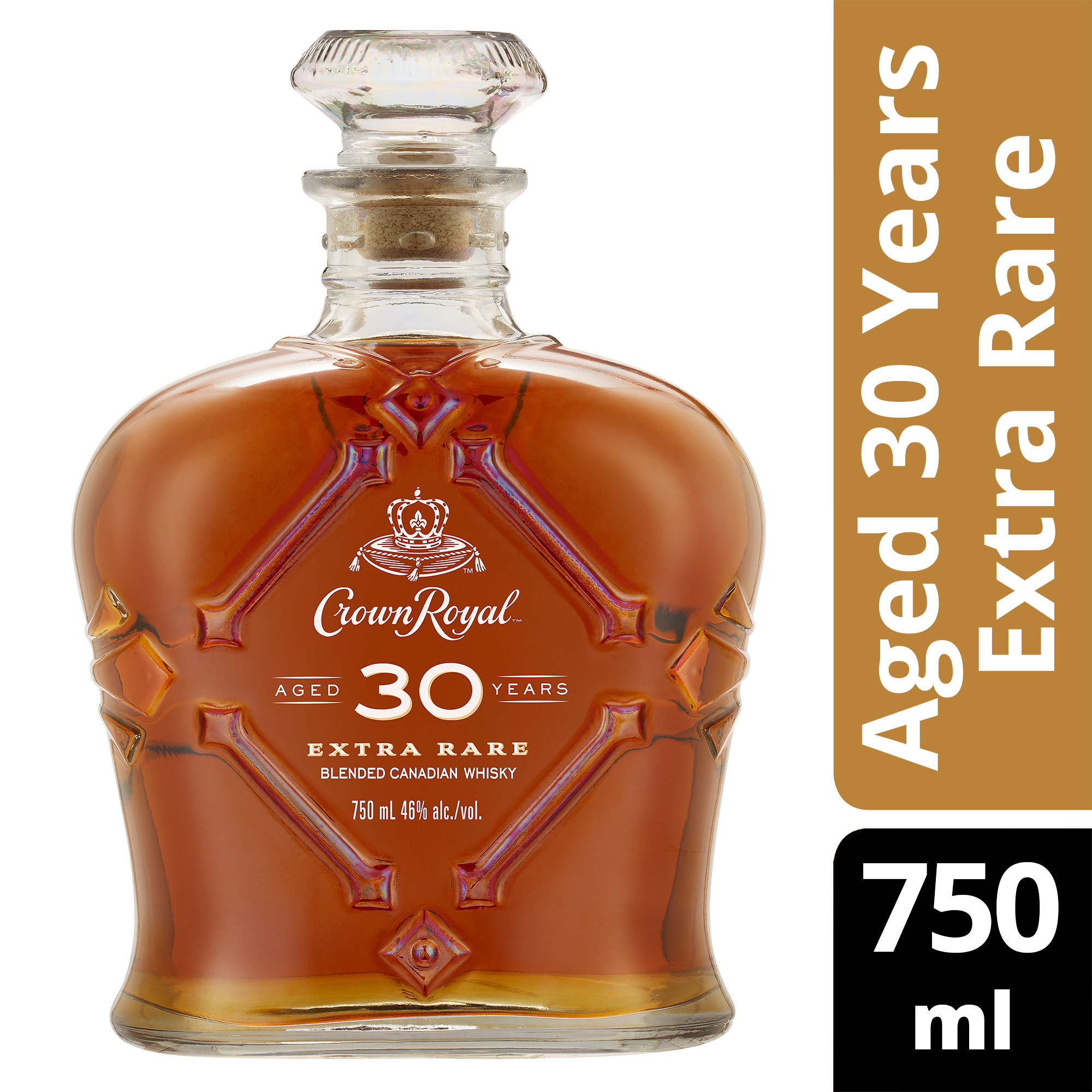 Revel in extra rare luxury with Crown Royal Extra Rare 30 Year Old Blended Canadian Whisky. Appreciate a rare gem that wasnâ€™t rushed and is our longest-aged blend to date. It's been aged to extraordinary distinction at our historic LaSalle distillery for no fewer than three decades, was distilled in Coffey stills â€“ the only one of its kind in North America, and is bottled in extremely limited quantity. This exemplary whisky has an aroma of pear, maple syrup, and spices. On the palate are notes of orchard fruit and vanilla with a sweet and creamy finish and lingering notes of oak and cinnamon. Itâ€™s best served neat or on the rocks and meant to be savored drop by drop.  This is a product of passion and precision and has been aged for unprecedented complexity. Includes one 92 proof 750 mL bottle of Crown Royal Extra Rare 30 Year Old Blended Canadian Whisky. Please drink responsibly., Includes one 750 mL bottle of Crown Royal Extra Rare 30 Year Old Blended Canadian Whisky, Awarded a Double Gold Medal in 2023 at the San Francisco World Spirits Competition, 92 Proof, Perfect as a gift or for any celebration, Best enjoyed neat or on the rocks, Notes of orchard fruit and vanilla with a sweet and creamy finish