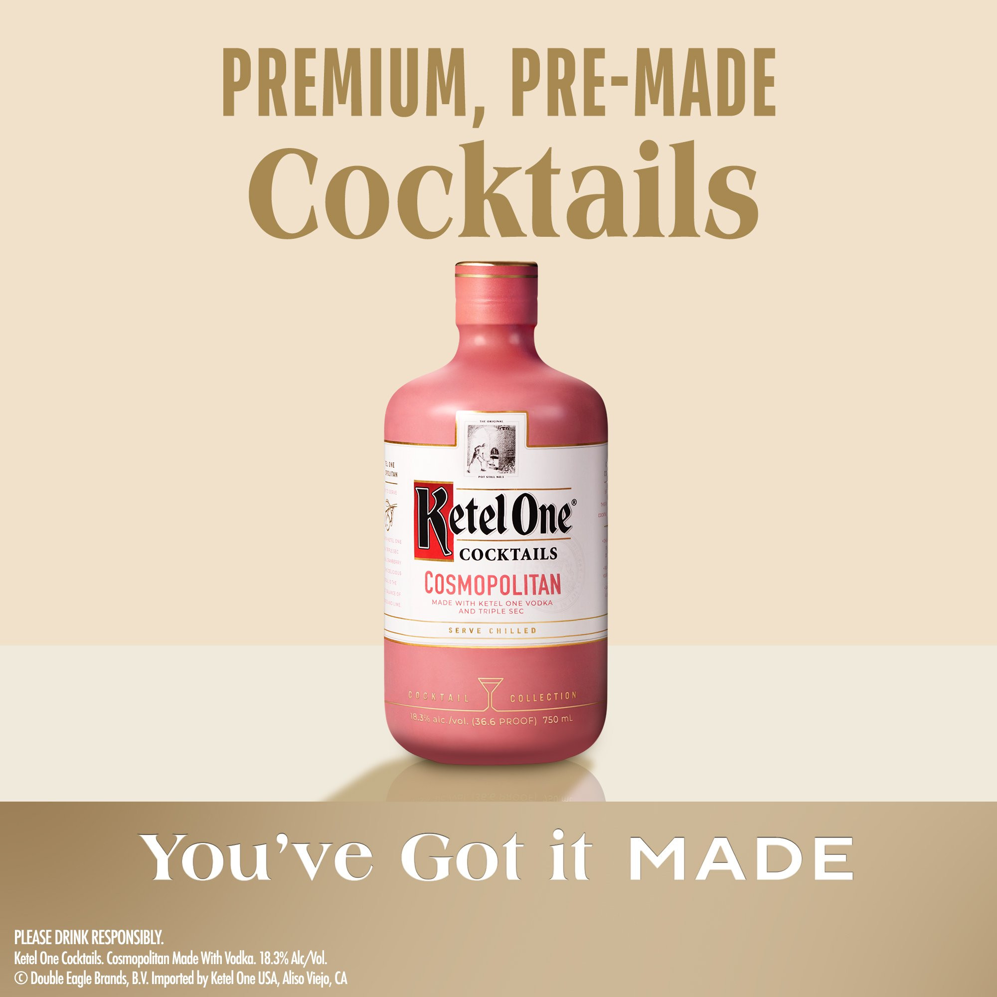 Indulge in the convenient luxury that Ketel One Cosmopolitan Cocktail (Made with Ketel One Vodka) has to offer. Experience the taste inspired by traditional distilling expertise with Ketel One Family Made Vodka. Our vodka is carefully crafted using non-GMO European wheat for smoothness and neutrality. Distilled in copper pot stills, filtered over charcoal and stored in lined tanks, our vodka offers a crisp, unique flavor and strong finish. The Ketel One Cosmopolitan Cocktail has an aroma of lime, cranberry, and orange. On the palate is citrus, cranberry, and orange blossom with a tart lime and triple sec finish. Simply serve straight from the bottle or add to a glass with ice for a convenient, ready-to-serve cocktail. Includes one 18.3% alc./vol. 375 mL bottle of Ketel One Cosmopolitan Cocktail (Made with Ketel One Vodka). Please drink responsibly., Includes one 375 mL bottle of Ketel One Cosmopolitan Cocktail (Made with Ketel One Vodka), 18.3% alc./vol., Perfect as a personal drink or for smaller occasions, The perfect ready-to-serve cocktail, masterfully crafted with care using quality ingredients and flavors, Bartender-crafted style cocktails for a high-quality, elevated experience, Notes of citrus and cranberry balanced with orange blossom