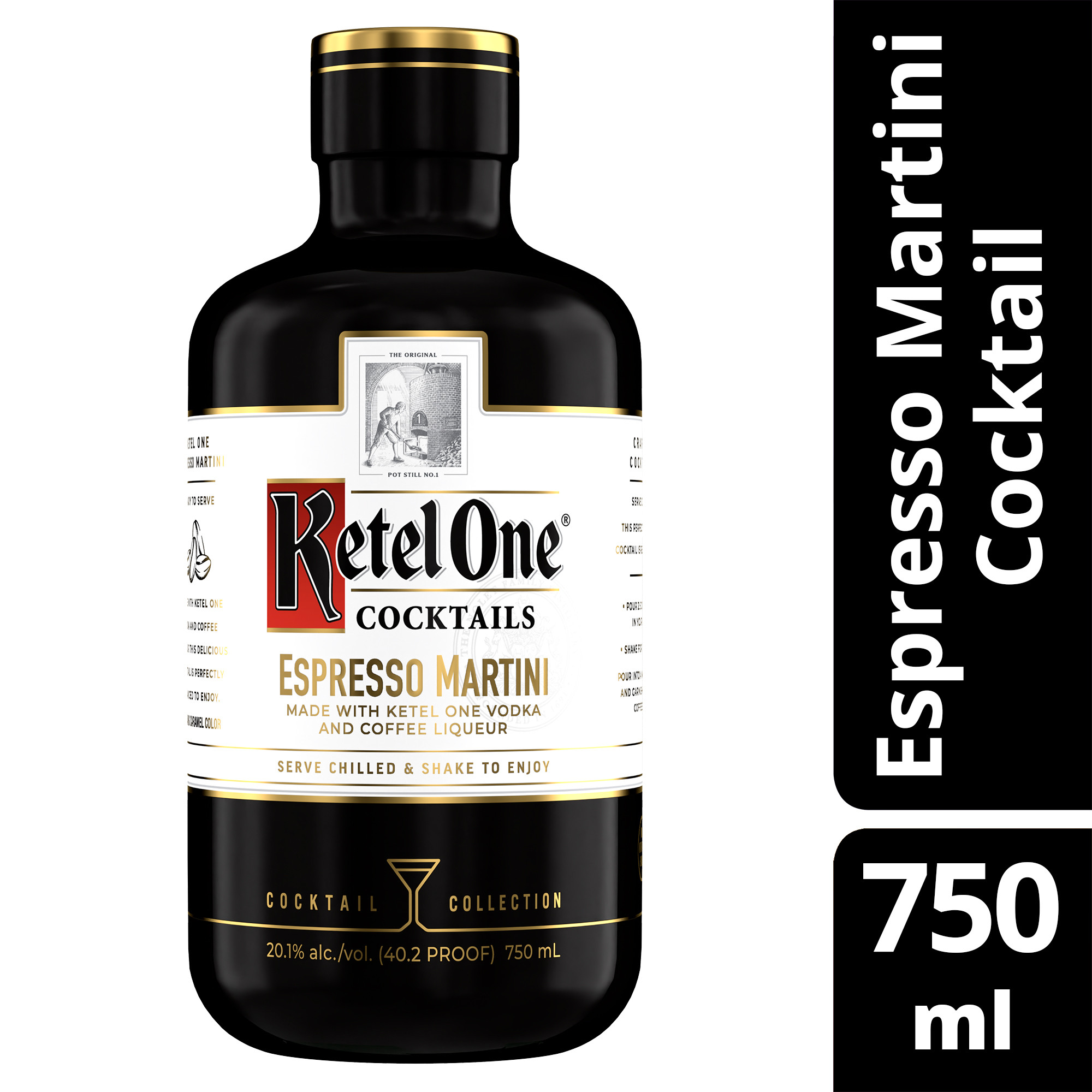 Indulge in the convenient luxury that Ketel One Espresso Martini Cocktail (Made with Ketel One Vodka) has to offer. Experience the taste inspired by traditional distilling expertise with Ketel One Family Made Vodka. Our vodka is carefully crafted using non-GMO European wheat for smoothness and neutrality. Distilled in copper pot stills, filtered over loose charcoal and stored in lined tanks, our vodka offers a crisp, unique flavor and strong finish. The Ketel One Espresso Martini Cocktail has an aroma of roasted espresso, dark chocolate, and fruit. On the palate is a sophisticated martini layered with espresso, dark chocolate, and orange with a smooth, lingering, chocolate finish. Simply serve straight from the bottle or add to a glass with ice for a convenient, ready-to-serve cocktail. Includes one 20.1% alc./vol. 750 mL bottle of Ketel One Espresso Martini Cocktail (Made with Ketel One Vodka). Please drink responsibly., Includes one 750 mL bottle of Ketel One Espresso Martini Cocktail (Made with Ketel One Vodka), 20.1% alc./vol., Perfect as a gift or for larger group occasions or gatherings, The perfect ready-to-serve cocktail, masterfully crafted with care using quality ingredients and flavors, Bartender-crafted cocktails for a high-quality, elevated experience, Notes of rich espresso, dark chocolate, and orange