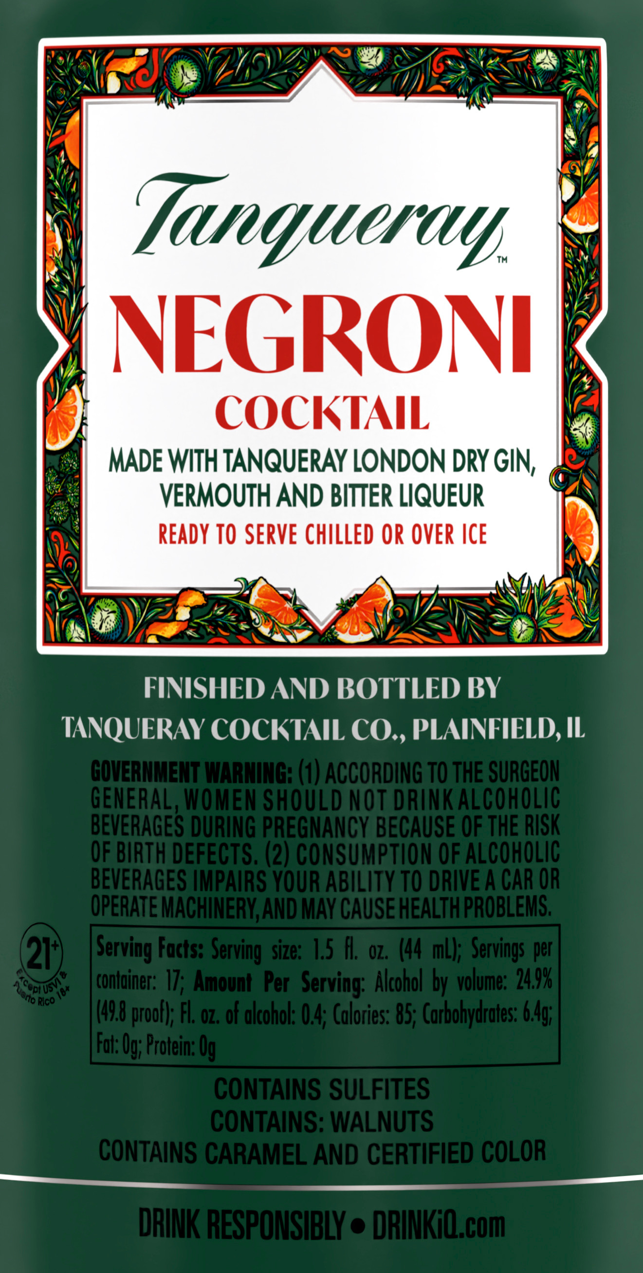 Experience a delicious, ready-to-serve drink with a Tanqueray Negroni Cocktail (Made with London Dry Gin). Tanqueray London Dry Gin is made with an expertly crafted recipe that blends the four distinct botanicals of juniper, coriander, angelica, and licorice. On the nose are notes of orange zest, dried cherries, and spicy coriander. On the palate are notes of red vermouth, juniper, and amaro with a slightly bitter finish of red berries, citrus peel, and herbal botanicals. Just open and serve for a bitter-and-sweet cocktail. Tanqueray Negroni Cocktail (Made with London Dry Gin) was awarded a Double Gold Medal in 2023 at the San Francisco World Spirits Competition. Includes one 24.9% alc./vol. 750 mL bottle of Tanqueray Negroni Cocktail. Please drink responsibly., Includes one 750 mL bottle of Tanqueray Negroni Cocktail (Made with London Dry Gin), Double Gold Award Winner at the 2024 San Francisco World Spirits Competition, 24.9% alc./vol., Perfect as a gift or for larger group occasions or gatherings, The perfect ready-to-serve cocktail, masterfully crafted with care using quality ingredients and flavors, Notes of sweet, red vermouth balanced with herbal juniper and bitter amaro