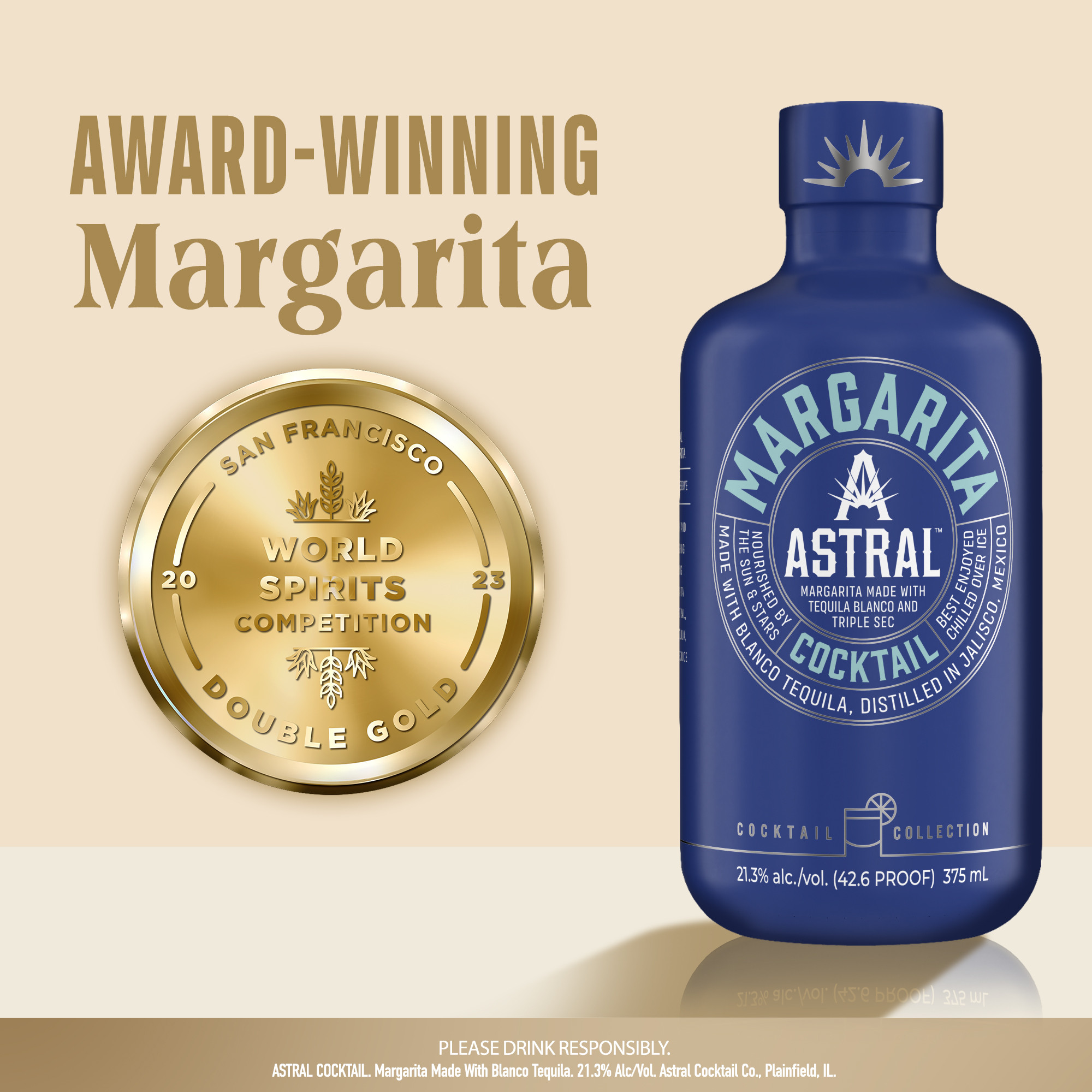 Toast to convenience with ready-to-serve Astral Margarita Cocktails (Made with Tequila Blanco). Astral Margarita Cocktails are nourished with good energy from the sun and stars. On the nose are notes of tequila cut with notes of lime juice and triple sec, with tasting notes of agave, lime, tangerine, and vanilla ending with a tart, rounded finish. Just pop open the cork and serve for a refreshing-tasting, delicious margarita. Includes one 21.3% alc./vol. 375 mL bottle of Astral Margarita Cocktail. Please drink responsibly., Includes one 375 mL bottle of Astral Margarita Cocktail (Made with Tequila Blanco), Awarded a Double Gold Medal in 2023 and 2024 at the San Francisco World Spirits Competition, 21.3% alc./vol., Perfect to share for smaller occasions, The perfect ready-to-serve cocktail, masterfully crafted with care, Notes of agave, lime, tangerine, and vanilla