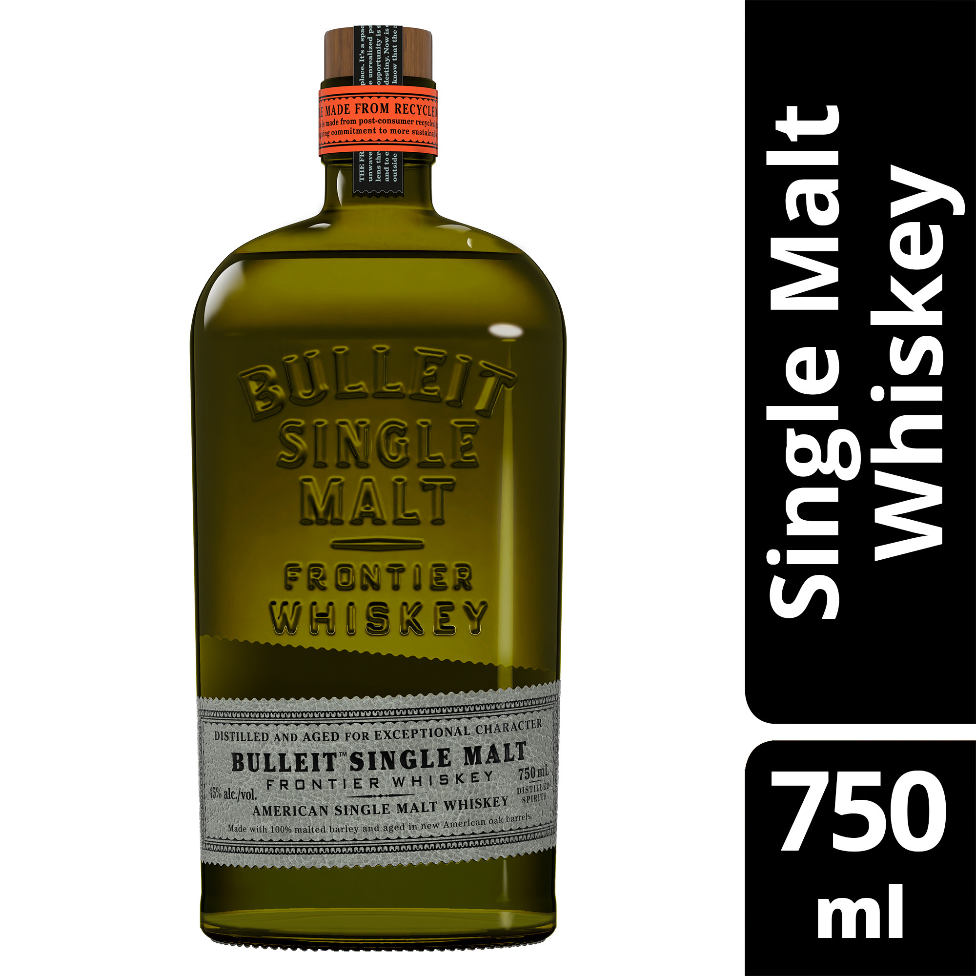 Enjoy an iconic whiskey of the modern frontier with Bulleit American Single Malt Whiskey. Bulleit Single Malt is made with a Bulleit-curated malt barley strain aged in white oak barrels. Itâ€™s offered in a bottle made with recycled glass from upcycled wine and beer bottles in an effort to reduce our footprint on the world. On the nose are notes of sweet vanilla and toasted oak with tasting notes of red fruit and pear with a smooth finish of oaky caramel and subtle cocoa notes. This whiskey is best served neat or on the rocks. Includes one 90 proof 750 mL bottle of Bulleit American Single Malt Whiskey. Please drink responsibly., Includes one 750 mL bottle of Bulleit American Single Malt Whiskey, Awarded a Gold Medal in 2024 at the San Francisco World Spirits Competition, 90 Proof, Perfect as a gift or for any celebration, Best served neat or on the rocks, Made from 100% malted, unpeated barley, Tasting notes of red fruit and pear with a smooth, oaky caramel finish