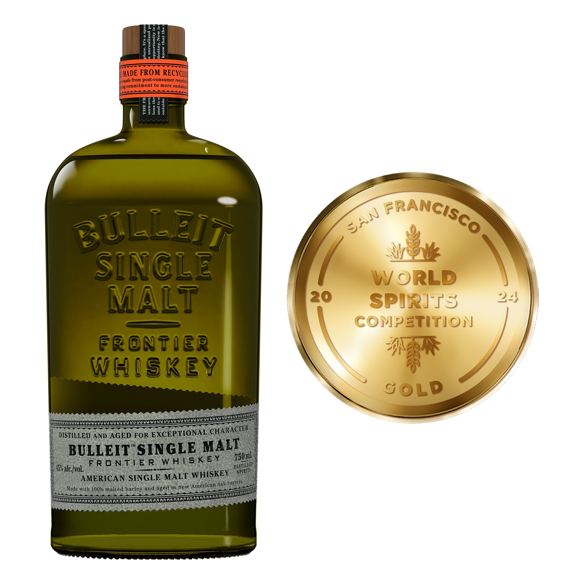 Enjoy an iconic whiskey of the modern frontier with Bulleit American Single Malt Whiskey. Bulleit Single Malt is made with a Bulleit-curated malt barley strain aged in white oak barrels. Itâ€™s offered in a bottle made with recycled glass from upcycled wine and beer bottles in an effort to reduce our footprint on the world. On the nose are notes of sweet vanilla and toasted oak with tasting notes of red fruit and pear with a smooth finish of oaky caramel and subtle cocoa notes. This whiskey is best served neat or on the rocks. Includes one 90 proof 750 mL bottle of Bulleit American Single Malt Whiskey. Please drink responsibly., Includes one 750 mL bottle of Bulleit American Single Malt Whiskey, Awarded a Gold Medal in 2024 at the San Francisco World Spirits Competition, 90 Proof, Perfect as a gift or for any celebration, Best served neat or on the rocks, Made from 100% malted, unpeated barley, Tasting notes of red fruit and pear with a smooth, oaky caramel finish