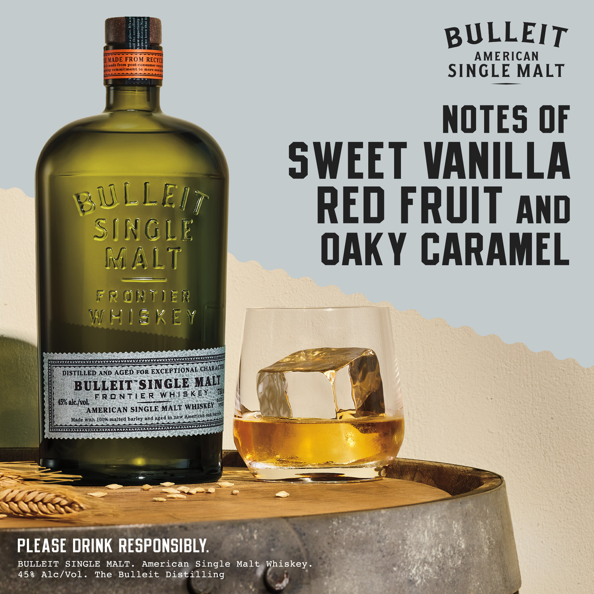 Enjoy an iconic whiskey of the modern frontier with Bulleit American Single Malt Whiskey. Bulleit Single Malt is made with a Bulleit-curated malt barley strain aged in white oak barrels. Itâ€™s offered in a bottle made with recycled glass from upcycled wine and beer bottles in an effort to reduce our footprint on the world. On the nose are notes of sweet vanilla and toasted oak with tasting notes of red fruit and pear with a smooth finish of oaky caramel and subtle cocoa notes. This whiskey is best served neat or on the rocks. Includes one 90 proof 750 mL bottle of Bulleit American Single Malt Whiskey. Please drink responsibly., Includes one 750 mL bottle of Bulleit American Single Malt Whiskey, Awarded a Gold Medal in 2024 at the San Francisco World Spirits Competition, 90 Proof, Perfect as a gift or for any celebration, Best served neat or on the rocks, Made from 100% malted, unpeated barley, Tasting notes of red fruit and pear with a smooth, oaky caramel finish