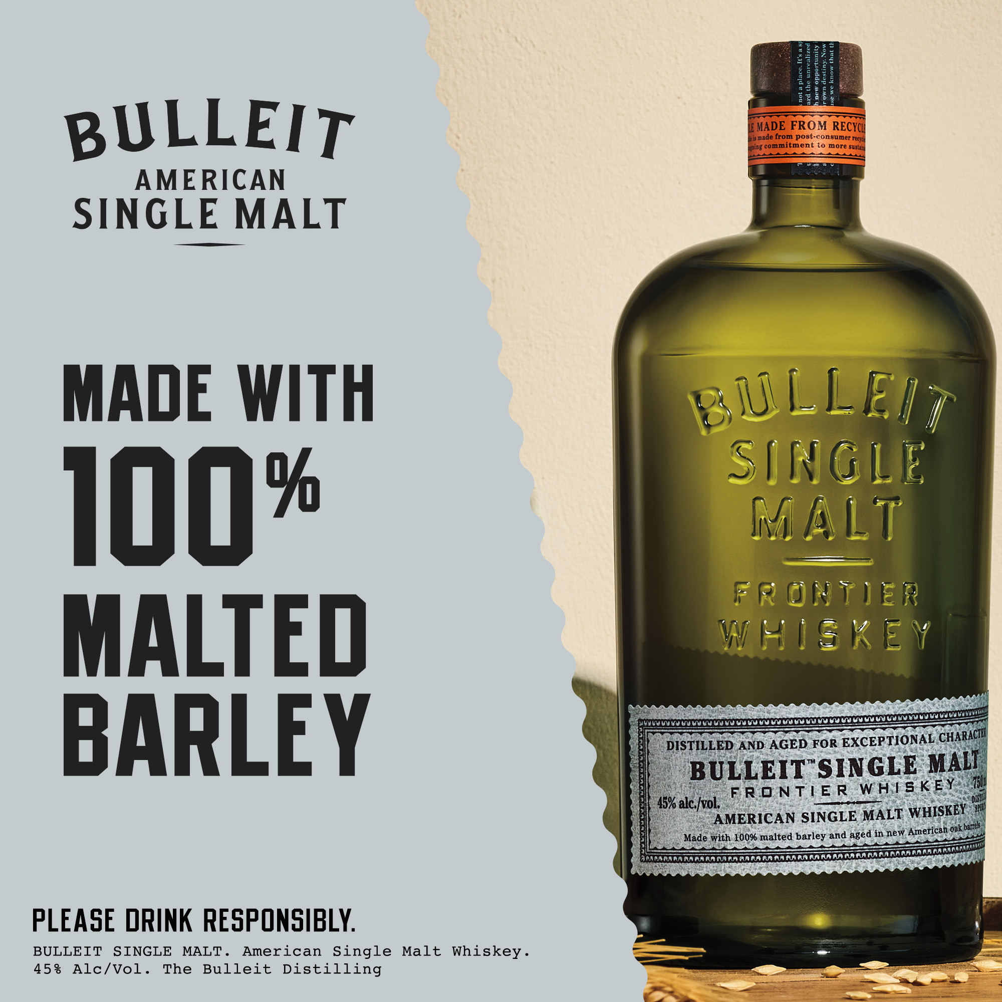 Enjoy an iconic whiskey of the modern frontier with Bulleit American Single Malt Whiskey. Bulleit Single Malt is made with a Bulleit-curated malt barley strain aged in white oak barrels. Itâ€™s offered in a bottle made with recycled glass from upcycled wine and beer bottles in an effort to reduce our footprint on the world. On the nose are notes of sweet vanilla and toasted oak with tasting notes of red fruit and pear with a smooth finish of oaky caramel and subtle cocoa notes. This whiskey is best served neat or on the rocks. Includes one 90 proof 750 mL bottle of Bulleit American Single Malt Whiskey. Please drink responsibly., Includes one 750 mL bottle of Bulleit American Single Malt Whiskey, Awarded a Gold Medal in 2024 at the San Francisco World Spirits Competition, 90 Proof, Perfect as a gift or for any celebration, Best served neat or on the rocks, Made from 100% malted, unpeated barley, Tasting notes of red fruit and pear with a smooth, oaky caramel finish