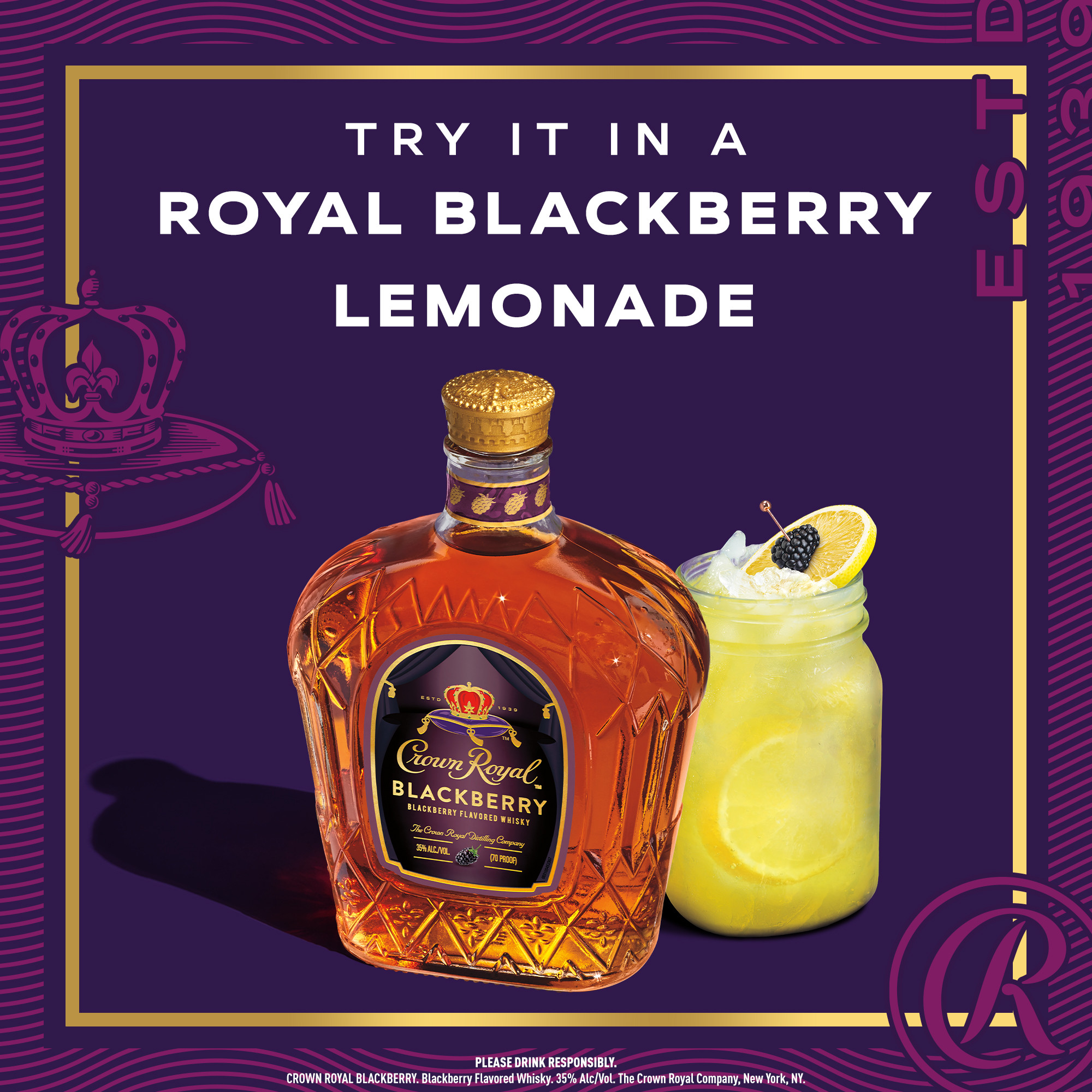 Unwind in luxury with our limited edition Crown Royal Blackberry Flavored Whisky. For this delicious alcohol blend, Crown Royal whiskies are carefully selected by our master blender and infused with the juicy flavor of fresh blackberries. This vibrant whisky has luscious flavors of blackberry mixed with the distinctive smoothness of Crown Royal. Best enjoyed in a royal blackberry lemonade. Includes one 70 proof 750 mL bottle of Crown Royal Blackberry Flavored Whisky. Please drink responsibly., Includes one 750 mL bottle of Crown Royal Blackberry Flavored Whisky, 70 Proof, Perfect for any summer celebrations or alcohol gifts, Best served in a Royal Blackberry Lemonade Cocktail, A limited edition whisky to complement all of your gatherings, Tasting notes of fresh blackberries complementing the signature richness of Crown Royal Blended Whisky