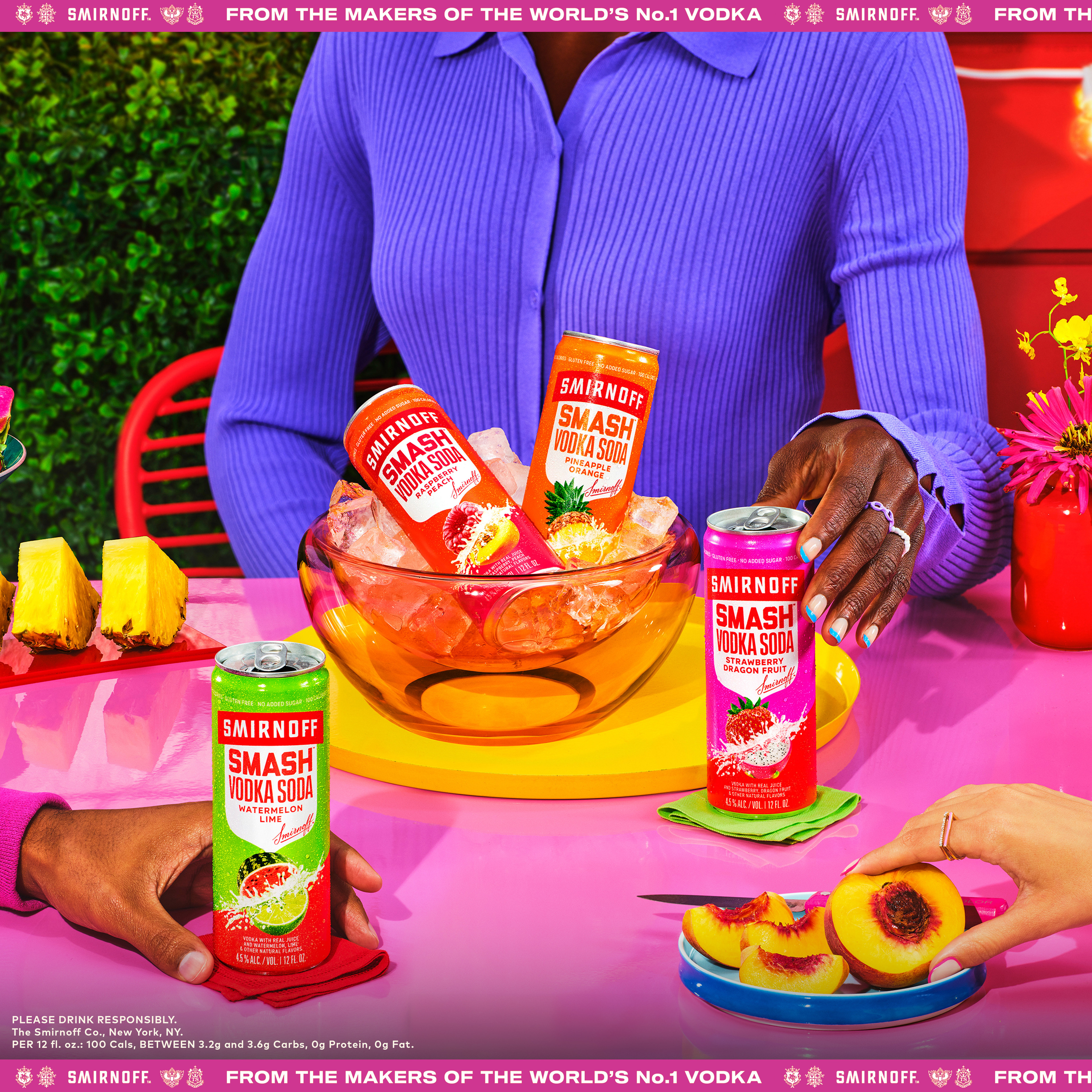 Introducing the Smirnoff SMASH Vodka Soda, the perfect ready-to-drink cocktail for your next party and get-together. This new vodka soda variety pack combines two fruity flavors for a smashing taste experience that stands out from the crowd. Unlike other vodka sodas that can lack big taste, Smirnoff SMASH Vodka Soda ready-to-drink cans have the perfect mix of real juice, natural flavors and real vodka, topped off with a splash of soda, promising a big taste unlike any other vodka soda.
The 8-pack variety pack includes four mouthwatering flavors: Strawberry Dragon Fruit, Watermelon Lime, Raspberry Peach, and Pineapple Orange. From the flavors of sweet, ripe strawberries paired with juicy dragon fruit, to the refreshing-tasting blend of watermelon and lime - every flavor offers a unique lip-smacking taste.
With only 100 calories per can, no added sugar, and gluten-free, it's a guilt-free indulgence you can enjoy. This 8-pack variety pack is guaranteed to be a SMASH at your next party. After all, two fruits are always better than one. So why wait? Unleash the fun with Smirnoff SMASH Vodka Soda! Please enjoy responsibly., The Smirnoff SMASH Vodka Soda variety pack includes two cans each of  four mouthwatering flavors: Strawberry Dragon Fruit, Watermelon Lime, Raspberry Peach, and Pineapple Orange, Includes 2024 San Francisco World Spirits Competition Gold Award Winner Smirnoff Smash Vodka Soda Watermelon Lime, 4.5% ABV / 9 Proof, Perfect for your next party or get-together. Guaranteed to be a SMASH, Each can contains just 100 calories, is gluten-free, and has no added sugar, A ready-to-drink vodka soda that strikes the perfect balance of real juice, natural flavors, vodka, and a splash of soda. Best served chilled or over ice, Unlike other vodka sodas, Smirnoff SMASH is crafted with real juice and vodka, and pairs two fruity flavors for an unmatched taste experience, ensuring a big and bright flavor in every sip, Experience the flavors of fresh strawberries paired with delicate dragon fruit, sweet watermelon with zesty lime, raspberry's jammy notes with juicy peach, and zesty orange balanced with ripe pineapple