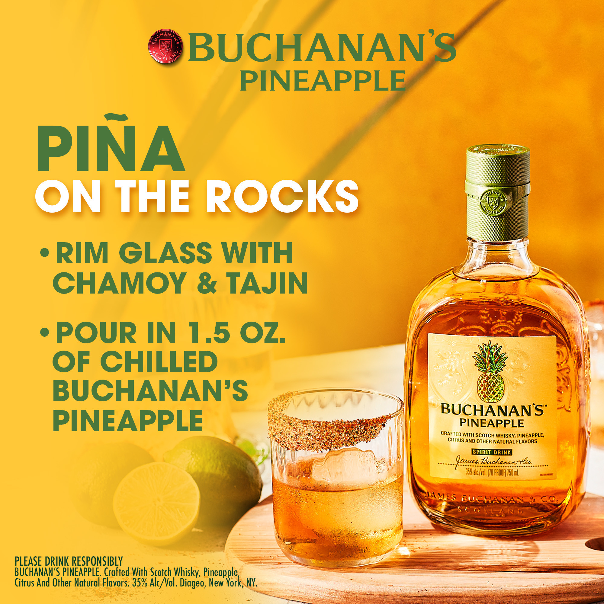 Buchananâ€™s has brought over 130 years of whisky-making experience to new, vibrant heights with Buchanan's Pineapple (Scotch Whisky with Pineapple, Citrus, and other Natural Flavors). This uniquely sophisticated drink pairs the light caramel and vanilla notes from scotch whisky from the House of Buchanan's with the lush, bright flavor and aroma of juicy pineapple. A nose of vibrant pineapple and hints of zesty citrus gives way to a lingering and bright tropical finish. Enjoy Buchananâ€™s Pineapple in a pina colada, over ice, or mixed with seltzer water and garnished with an orange slice. Includes one 70 proof 375 mL bottle of Buchanan's Pineapple. Please drink responsibly., Includes one 375 mL bottle of Buchanan's Pineapple (Scotch Whisky with Pineapple, Citrus, and other Natural Flavors), Buchanan's has over 130 years of whisky making experience, Perfect as a gift or for any celebration, A vibrant harmony of light caramel, vanilla and vibrant pineapple, Features a citrus nose and lingering tropical finish, Enjoy in delicious pina coladas, on the rocks or with seltzer water and an orange slice garnish