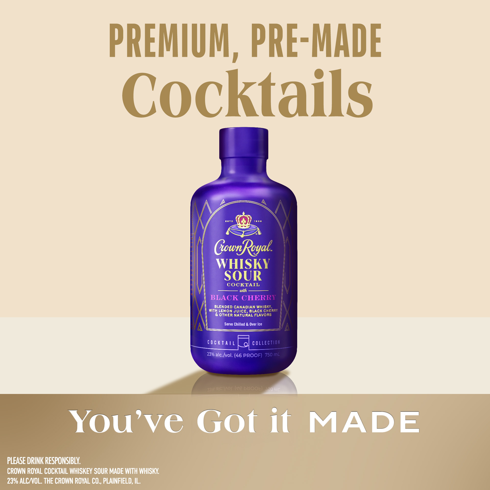 Enjoy premade cocktails at home with Crown Royal Whisky Sour Cocktail with Black Cherry, part of the ready-to-serve Cocktail Collection. Just open, pour and serve. This bottled cocktail is crafted with Crown Royal expertly blended whiskeys and rich black cherry flavor to create a royally delicious whisky sour. Zesty lemon and brandied cherry start on the nose with vanilla, oak, and bitters. With each sip, you'll taste juicy lemon balanced with fruity whiskey and bitters, plus notes of rich black cherry. It ends on a sweet and tart note with a pleasant, fruity lingering finish. Keep chilled and serve poured over ice. Includes one 46 proof 750 mL bottle of Crown Royal Whisky Sour Cocktail with Black Cherry. Please drink responsibly., Includes one 750 mL bottle of Crown Royal Whisky Sour Cocktail with Black Cherry, 23% alc./vol., Perfect for gatherings with friends or family, Serve chilled and over ice, Premade and ready to drink, Juicy lemon balanced with fruity whiskey and bitters, plus notes of rich black cherry
