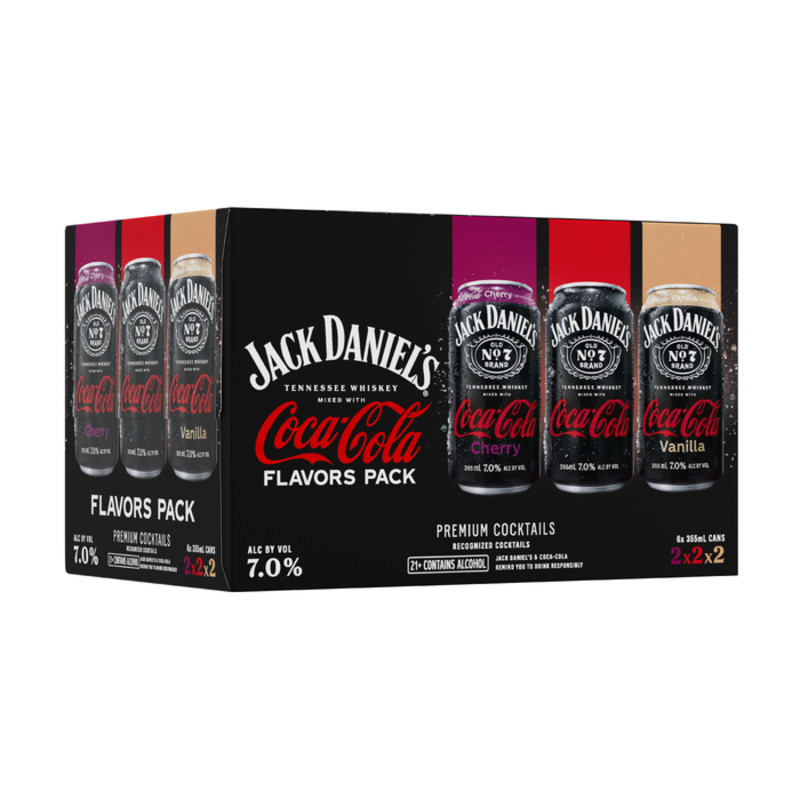 Jack Daniel’s and Coca-Cola Canned Cocktails Variety Pack brings you the unmistakable taste of the iconic Jack and Coke cocktail, now with new Cherry and Vanilla flavors. This Jack Daniel’s cocktails variety pack includes two cans each of the original Jack Daniel’s and Coca-Cola, Jack Daniel’s and Cherry, and Jack Daniel’s and Vanilla — each perfectly mixed to 7% ABV. Inspired by the #1 branded bar call in the U.S., these canned alcohol drinks feature the smooth notes of Jack Daniel’s Tennessee Whiskey, balanced by the signature taste of Coca-Cola, with the sweet hint of cherry or crisp finish of vanilla. Ready to drink and perfect for any occasion, these whiskey cocktails are best enjoyed straight from the fridge, over ice, or from the cooler, and always in good company. Jack Daniel's Tennessee Whiskey and Coca-Cola deliver the iconic taste you love, wherever you are. Live Freely. Drink Responsibly.