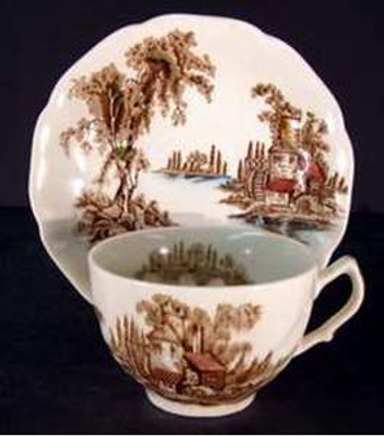 Johnson Brothers Old Mill Brown (Multi color) Flat Cup and Saucer Set from The Old Mill Brown Multicolor by Johnson Brothers