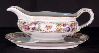 Schumann Empress Dresden Flowers Gravy Boat with Attached Underplate. Retired collectible piece.