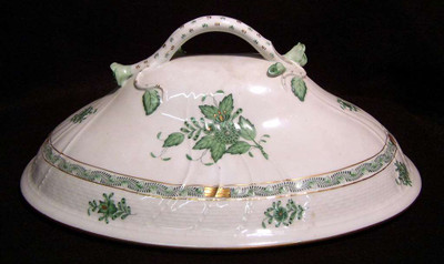 Herend Chinese Bouquet Green Oval Covered Bowl Lid - Branch Handle. Collectible replacement piece available at China Lane.