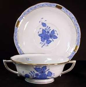 Herend Chinese Bouquet Blue Footed Cream Soup Bowl and Saucer Set, 2" x 5 1/2" 743 - 1/2 - 00