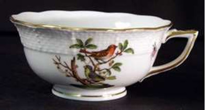 Herend Rothschild Bird (RO) Footed Cup, 2" – porcelain with gold scrollwork and bird designs.