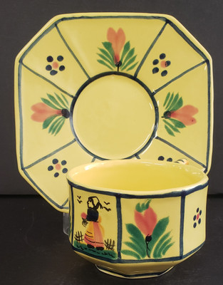 Quimper - Soliel Yellow Octagonal - Cup and Saucer Lady - N