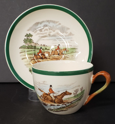 Spode Herring Hunt Green Trim flat cup and saucer set Leaping the Brook cup and Gone Away saucer 2 1/2 x 3 3/8 inches