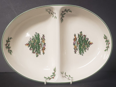 Spode - Christmas Tree~Green Trim S3324 - Oval Divided Serving Bowl - N